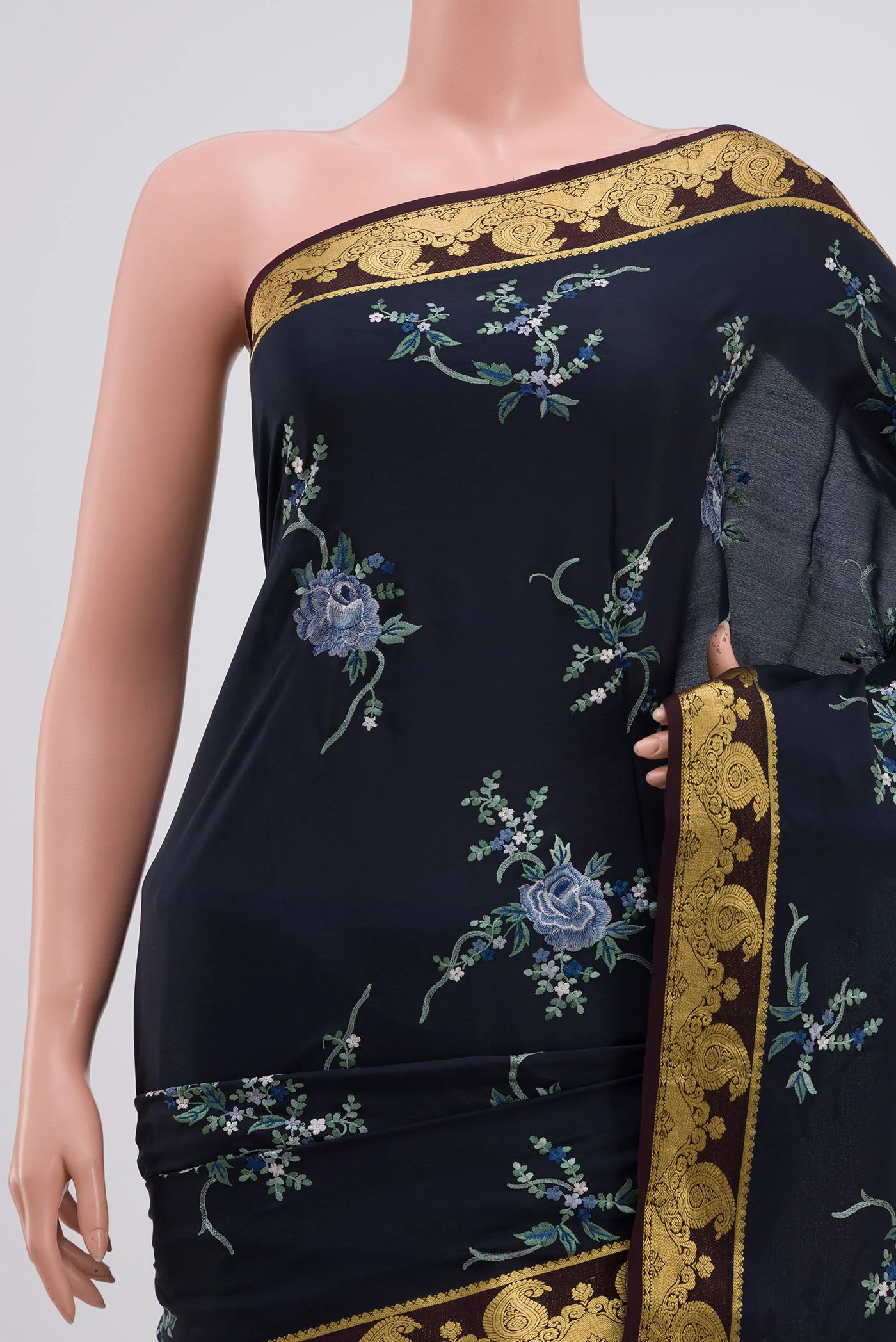 Navy Blue Mysore Crepe Saree - Image 2