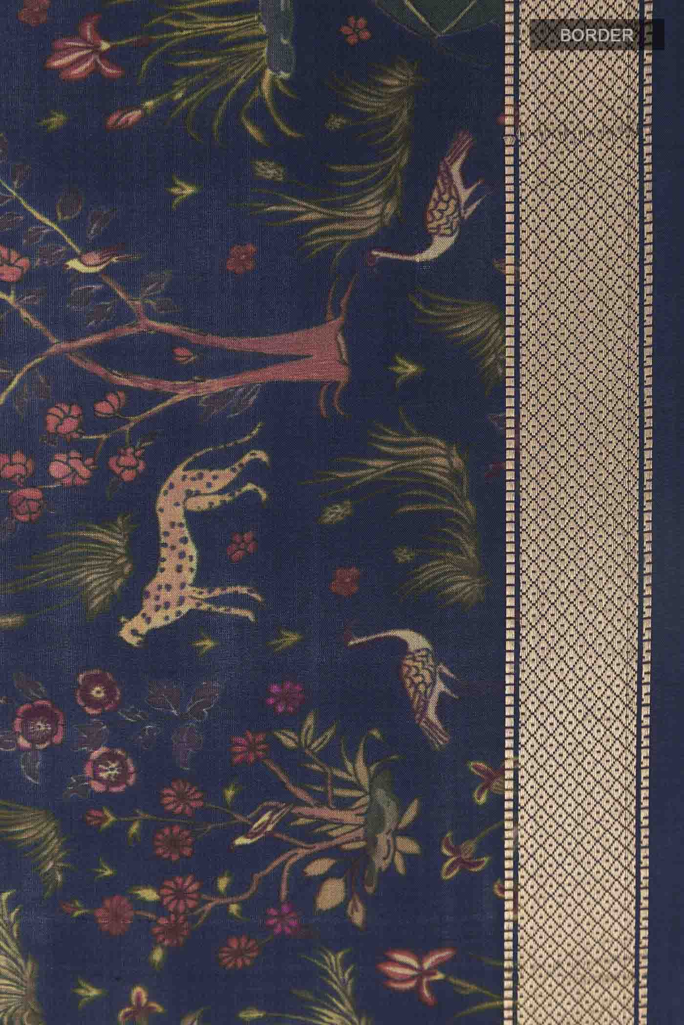 Blue Printed Silk Saree - Image 3
