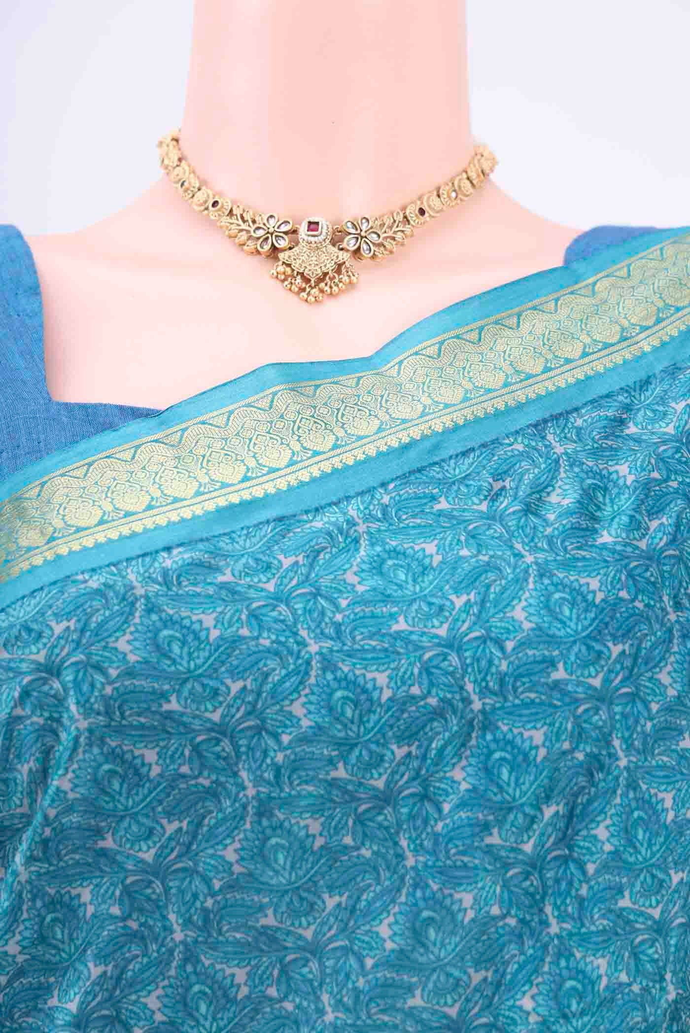 Blue Printed Silk Saree - Image 2