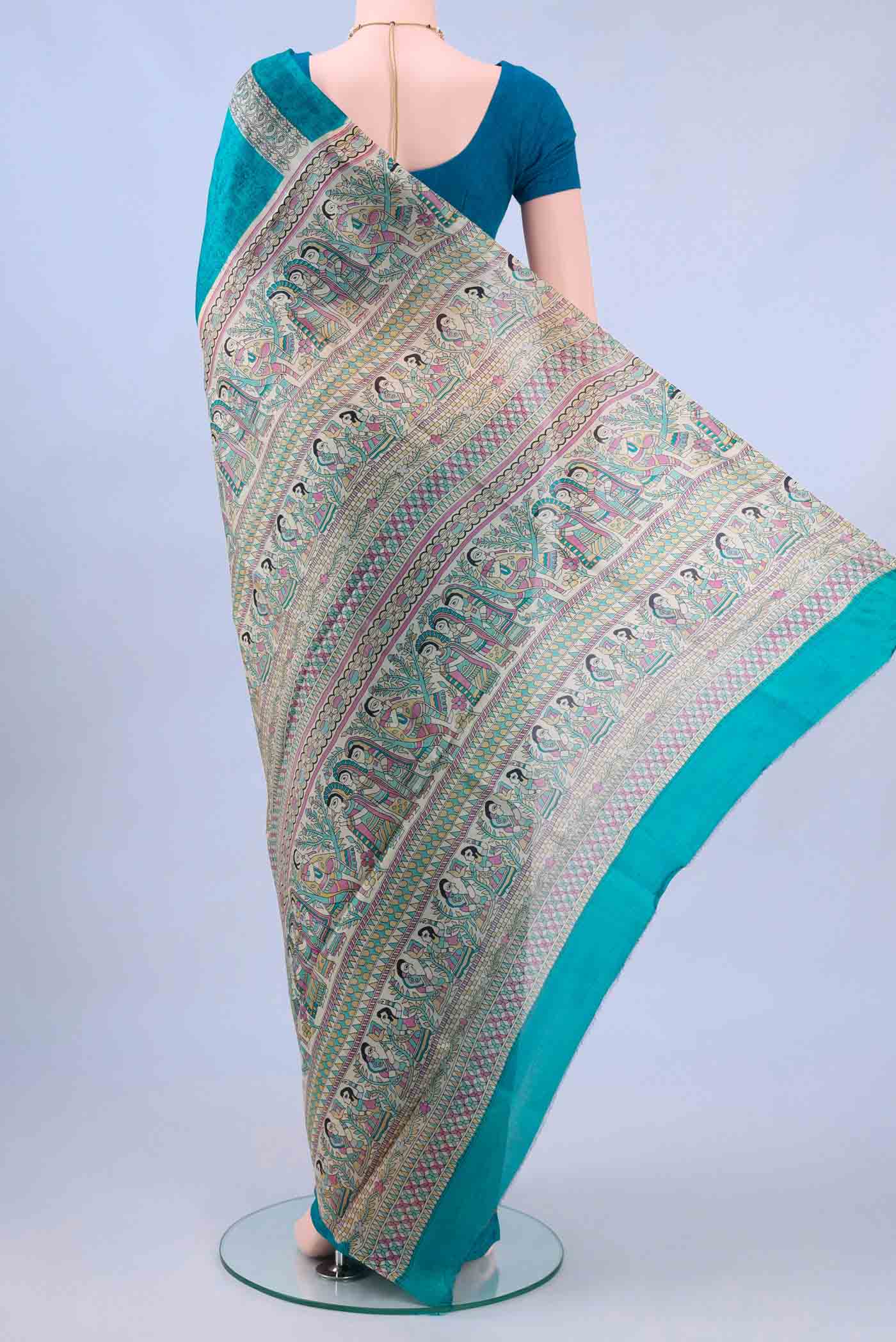 Blue Printed Silk Saree - Image 3