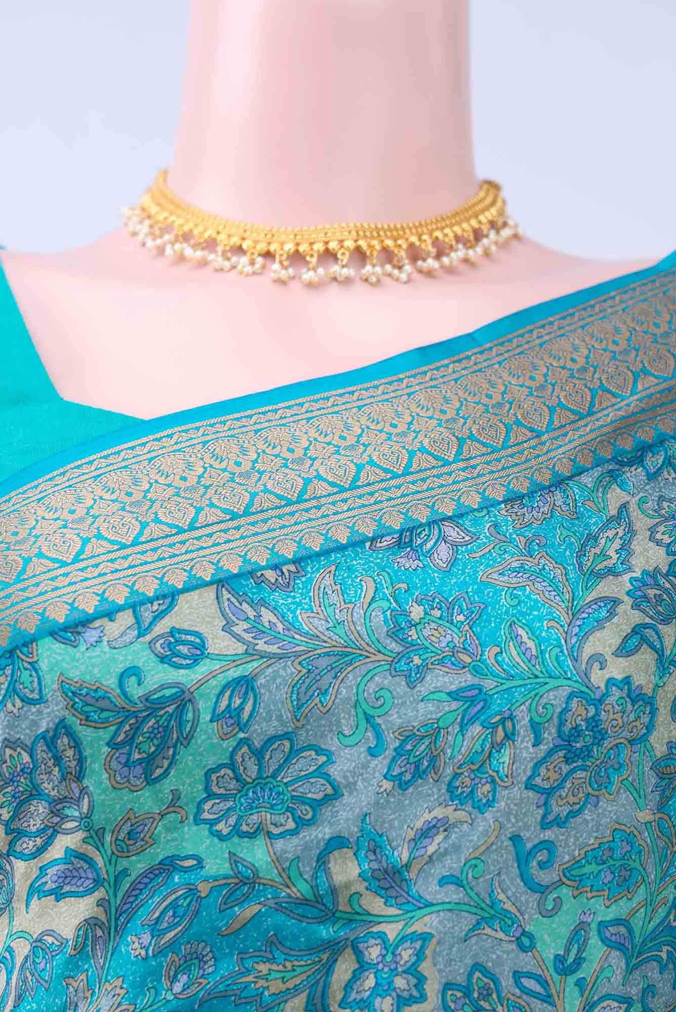 Blue Printed Silk Saree - Image 3
