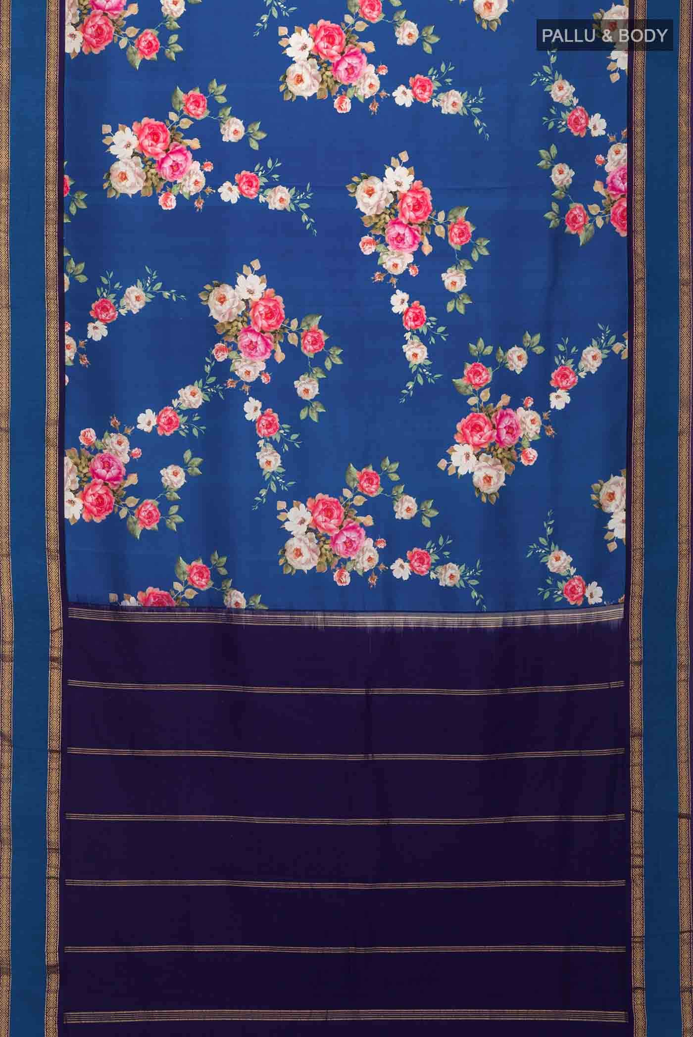 Blue Printed Silk Saree - Image 4