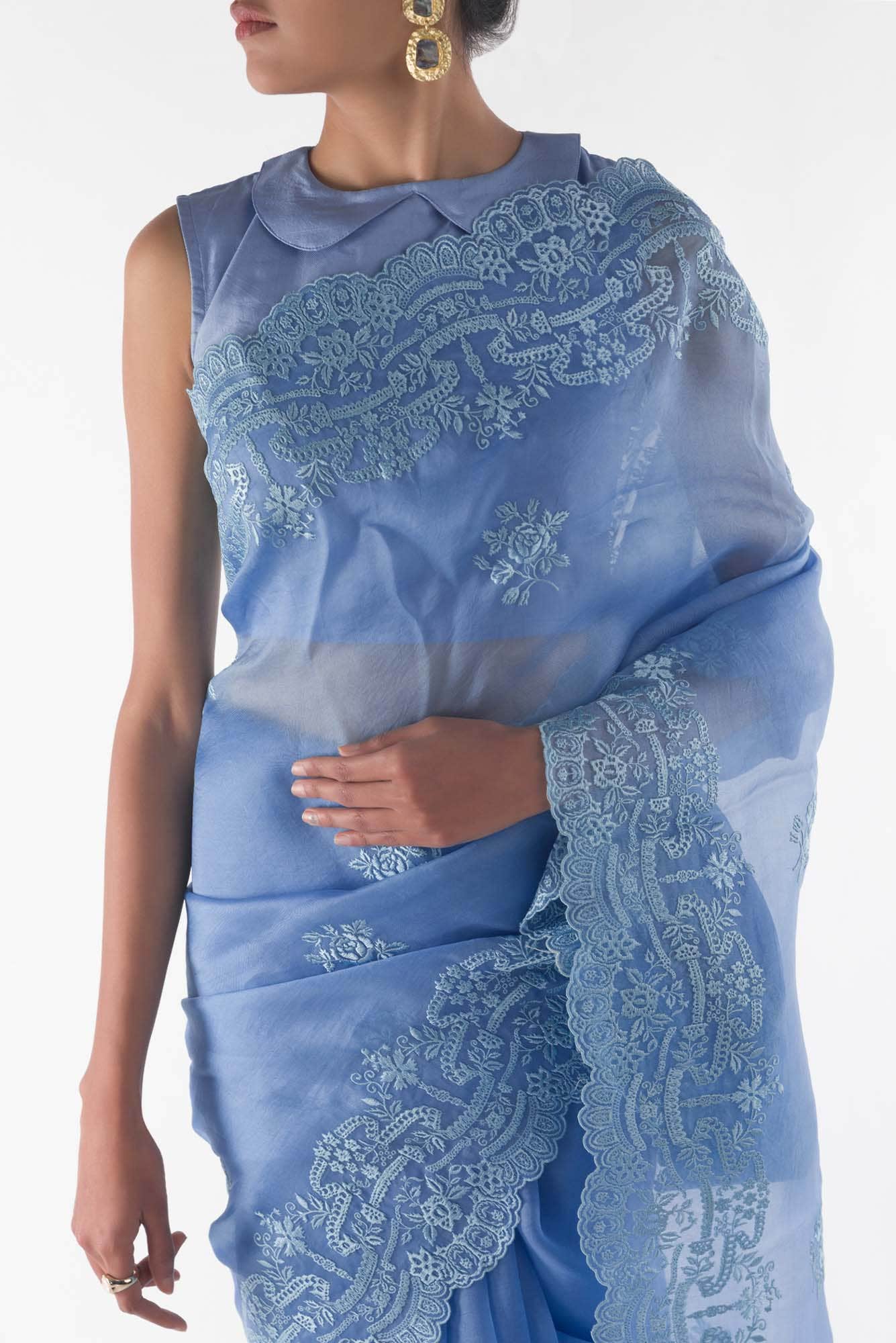 Romance of the Roses Blue floral design saree from Embroidered Romance Collection by Nalli - Image 3