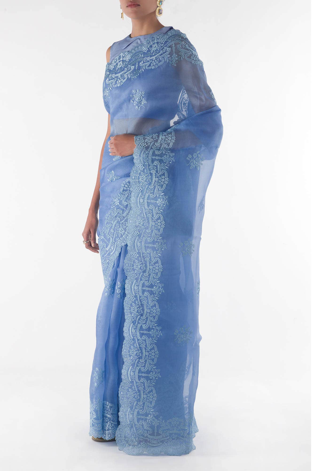 Romance of the Roses Blue floral design saree from Embroidered Romance Collection by Nalli - Image 4