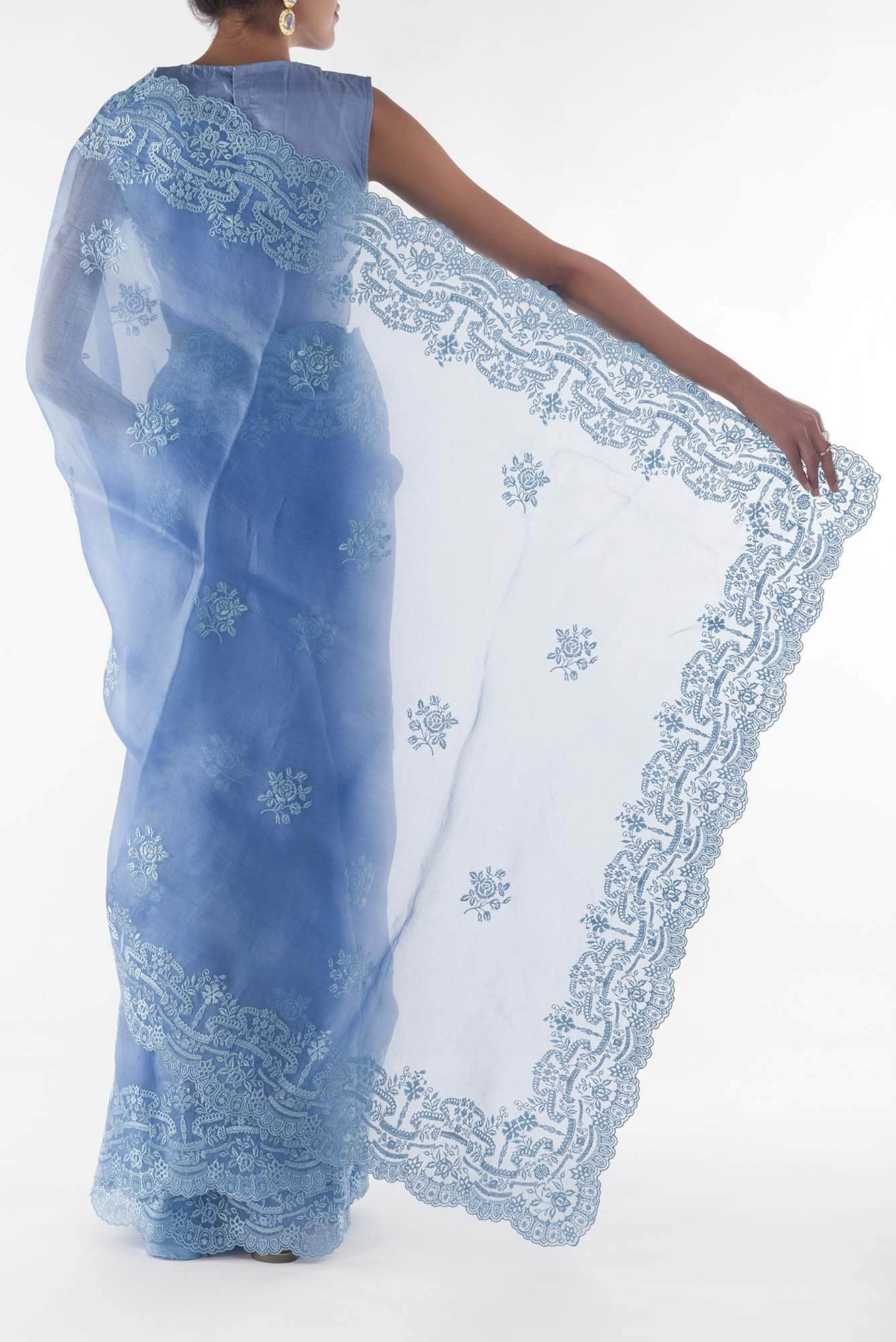 Romance of the Roses Blue floral design saree from Embroidered Romance Collection by Nalli - Image 6