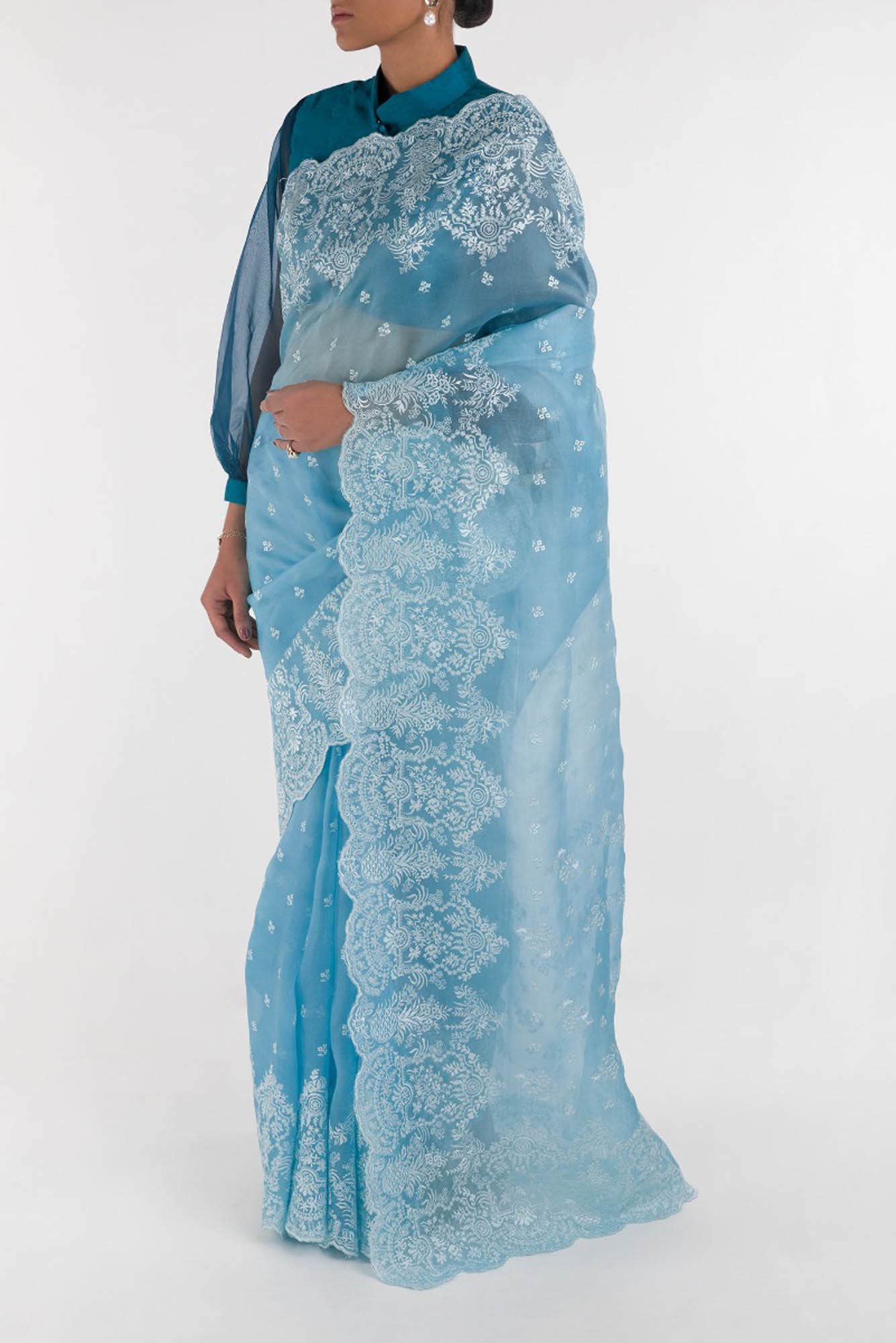 Passion Paradise Blue floral design saree from Embroidered Romance Collection by Nalli - Image 4