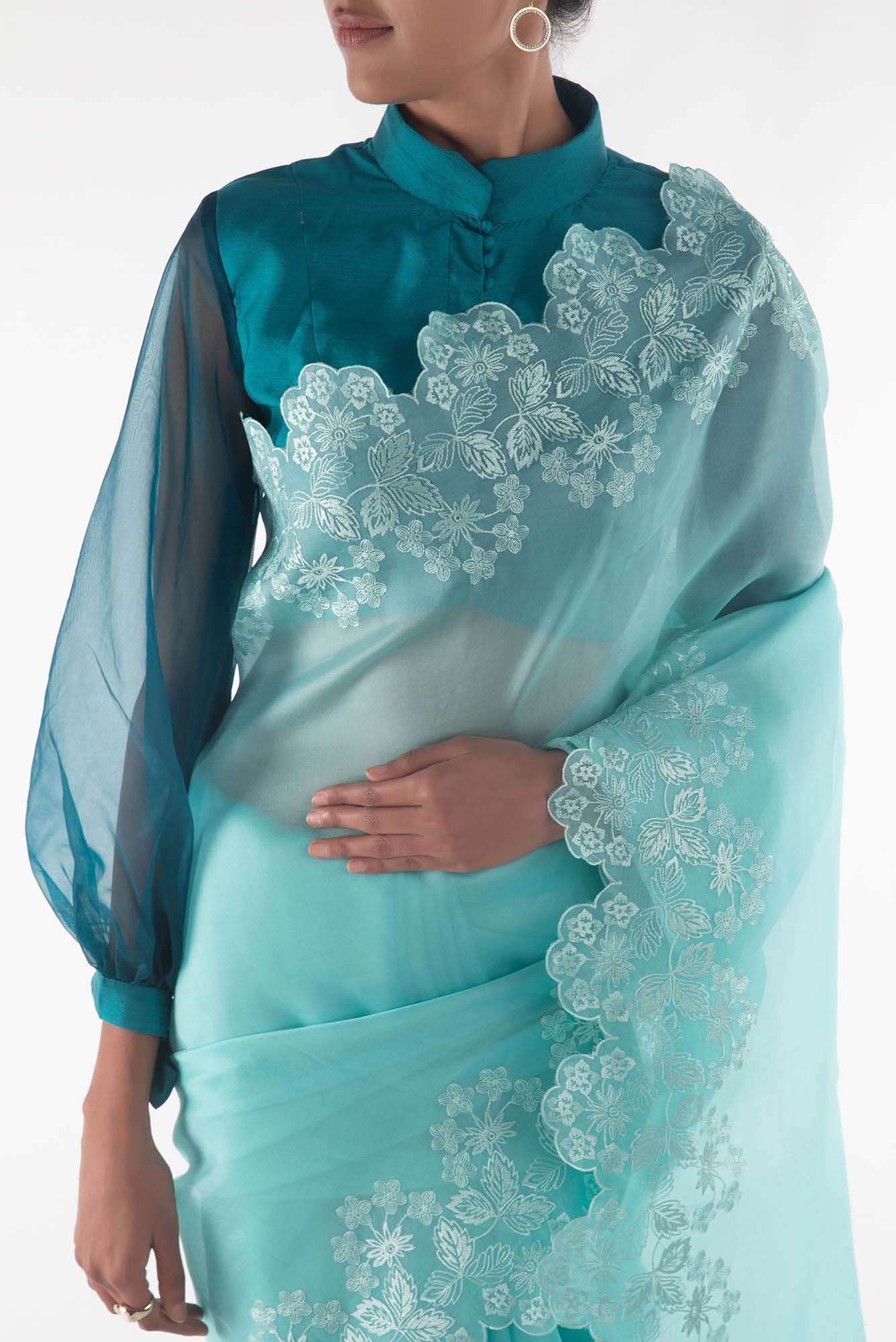 Forget-me-not Blue floral design saree from Embroidered Romance Collection by Nalli - Image 2