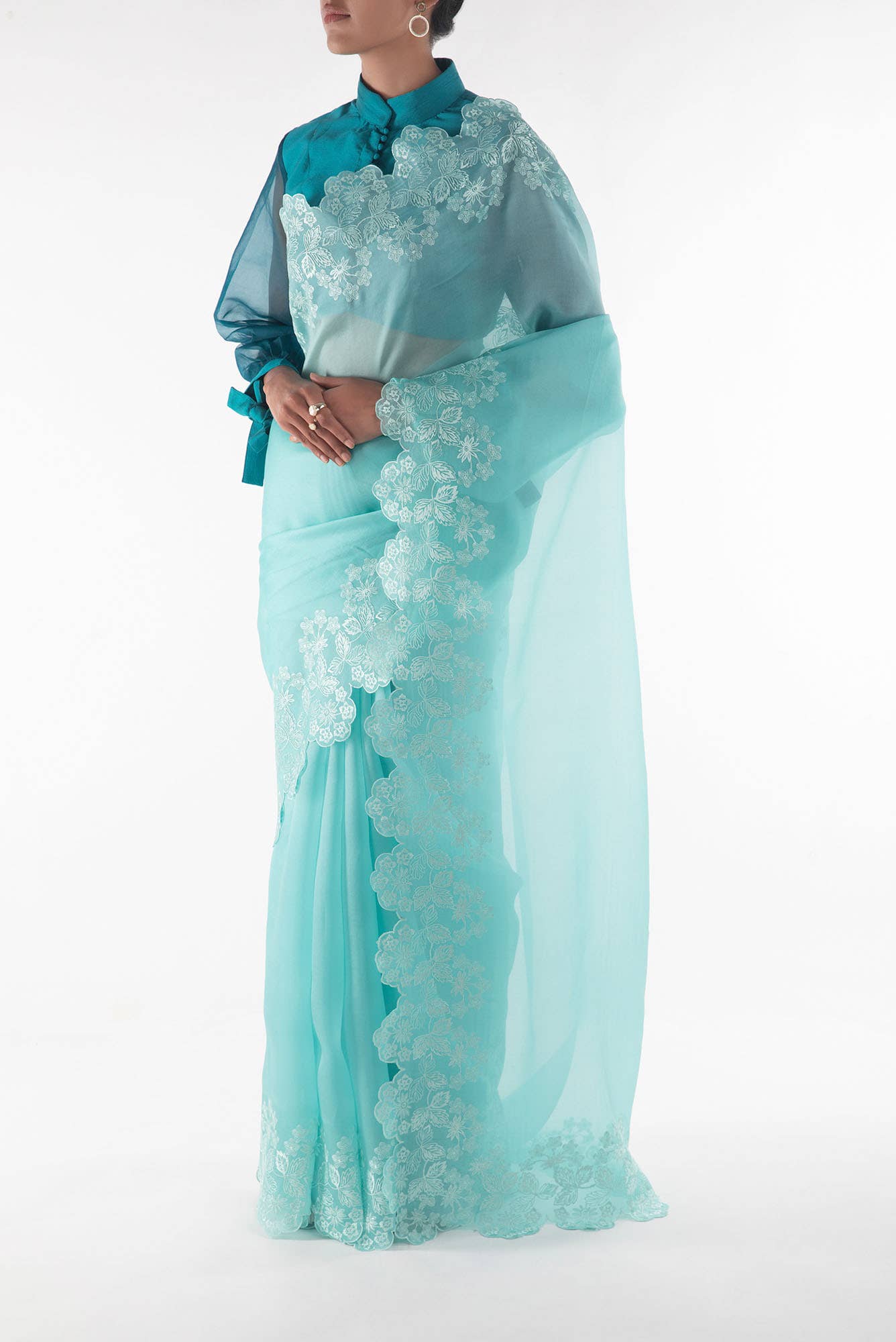Forget-me-not Blue floral design saree from Embroidered Romance Collection by Nalli - Image 3