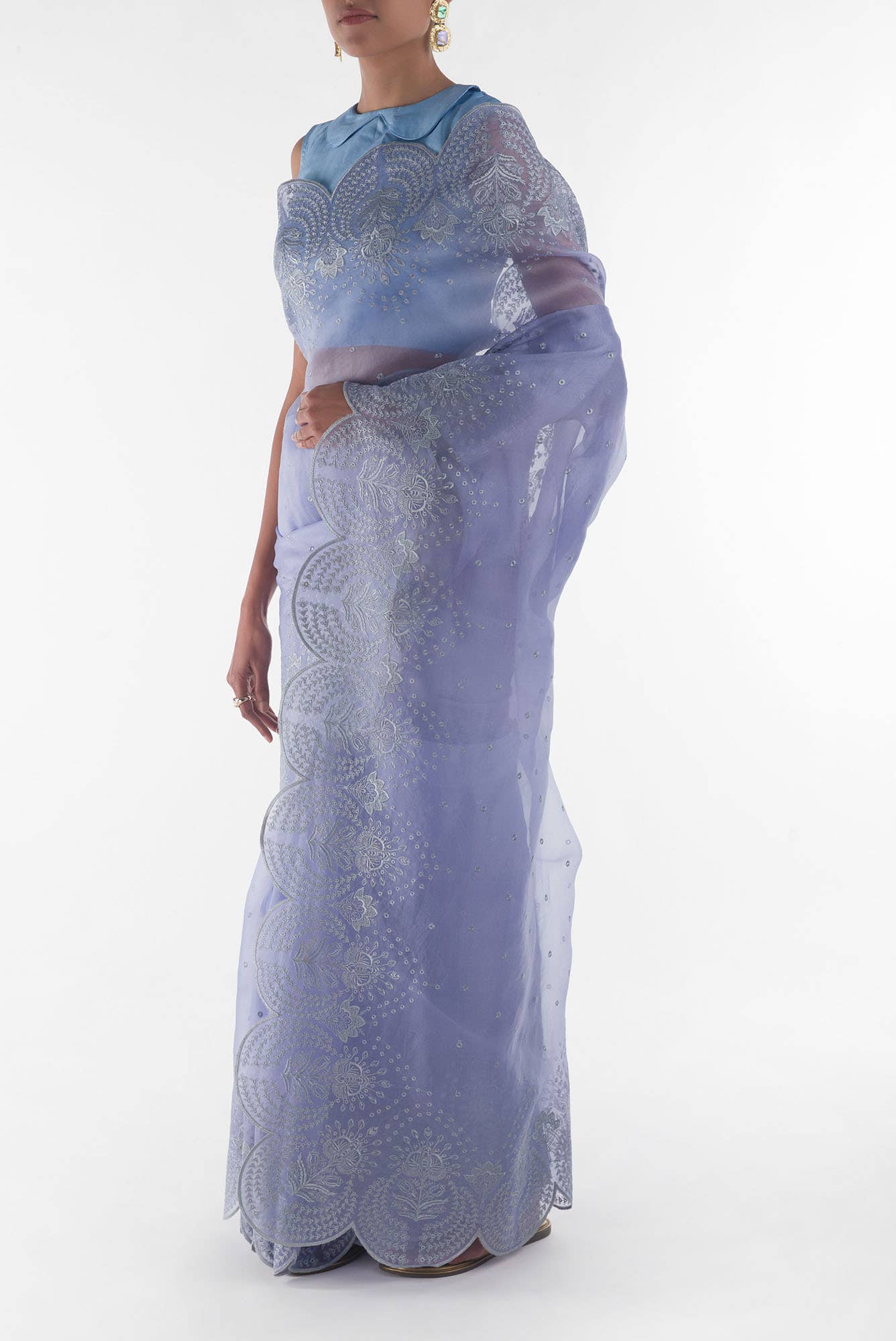 Lovelace Blue floral design saree from Embroidered Romance Collection by Nalli - Image 3