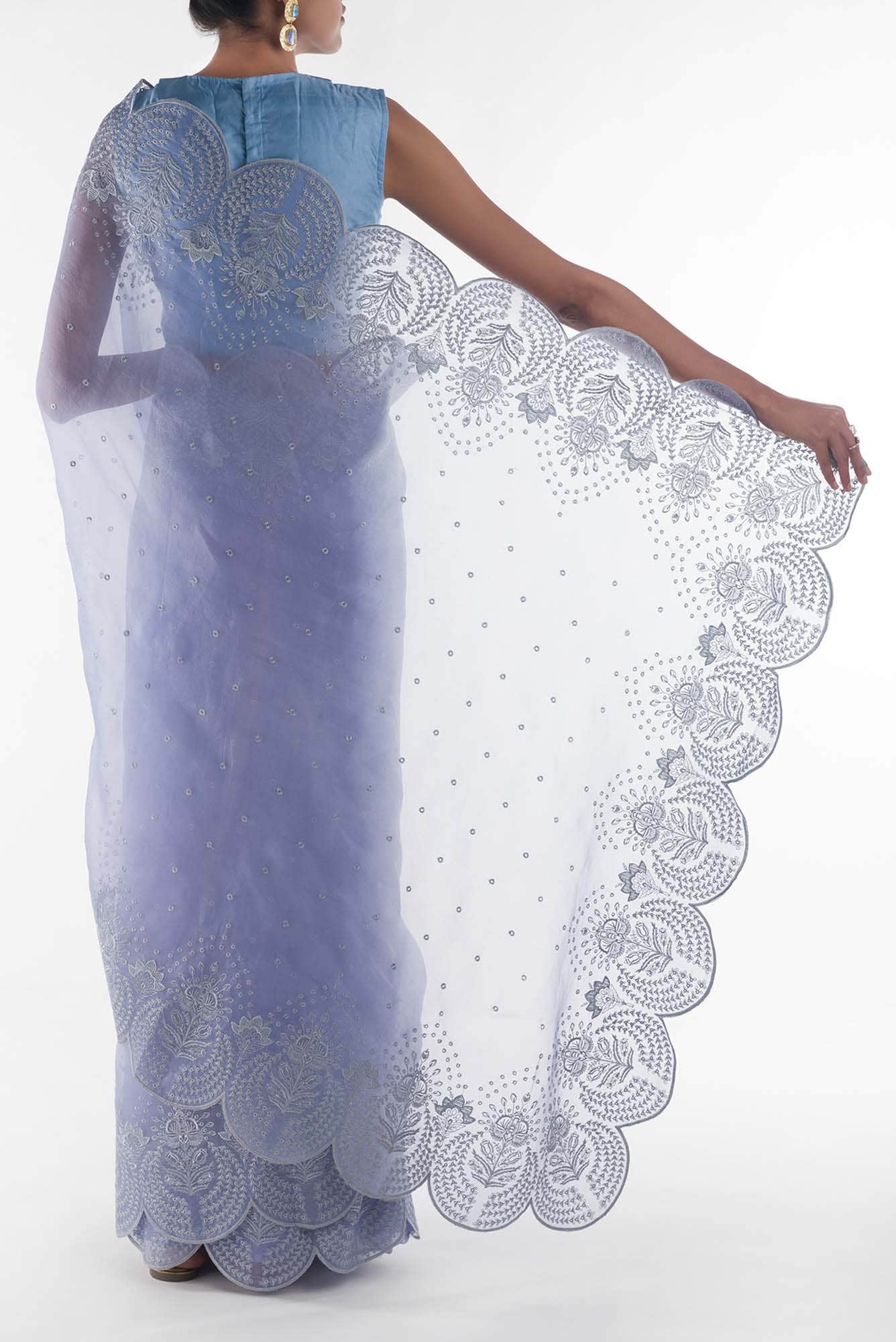 Lovelace Blue floral design saree from Embroidered Romance Collection by Nalli - Image 4