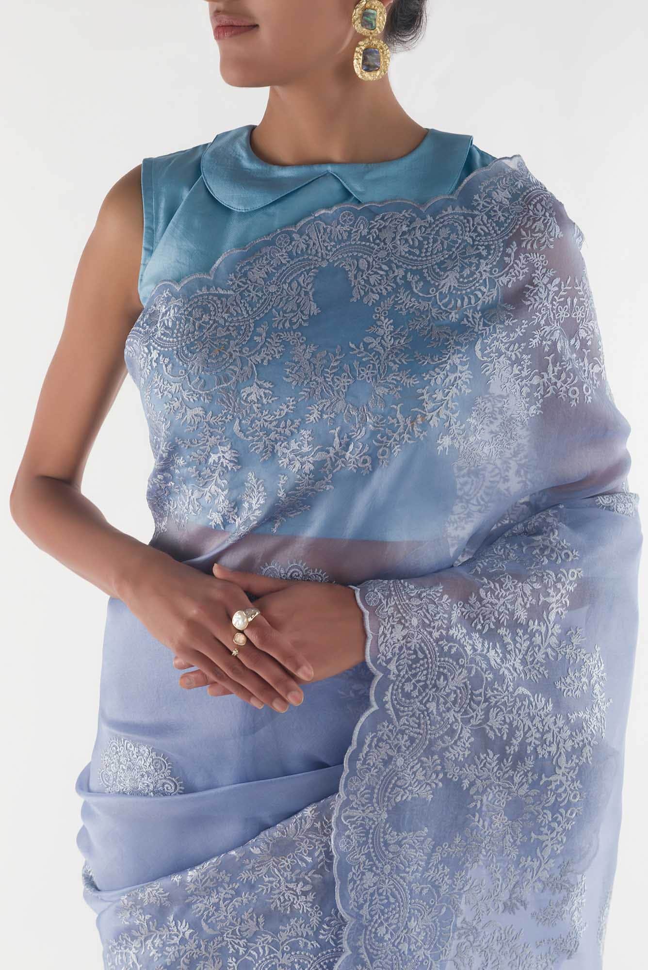 Garden of Eden Blue floral design saree from Embroidered Romance Collection by Nalli - Image 2
