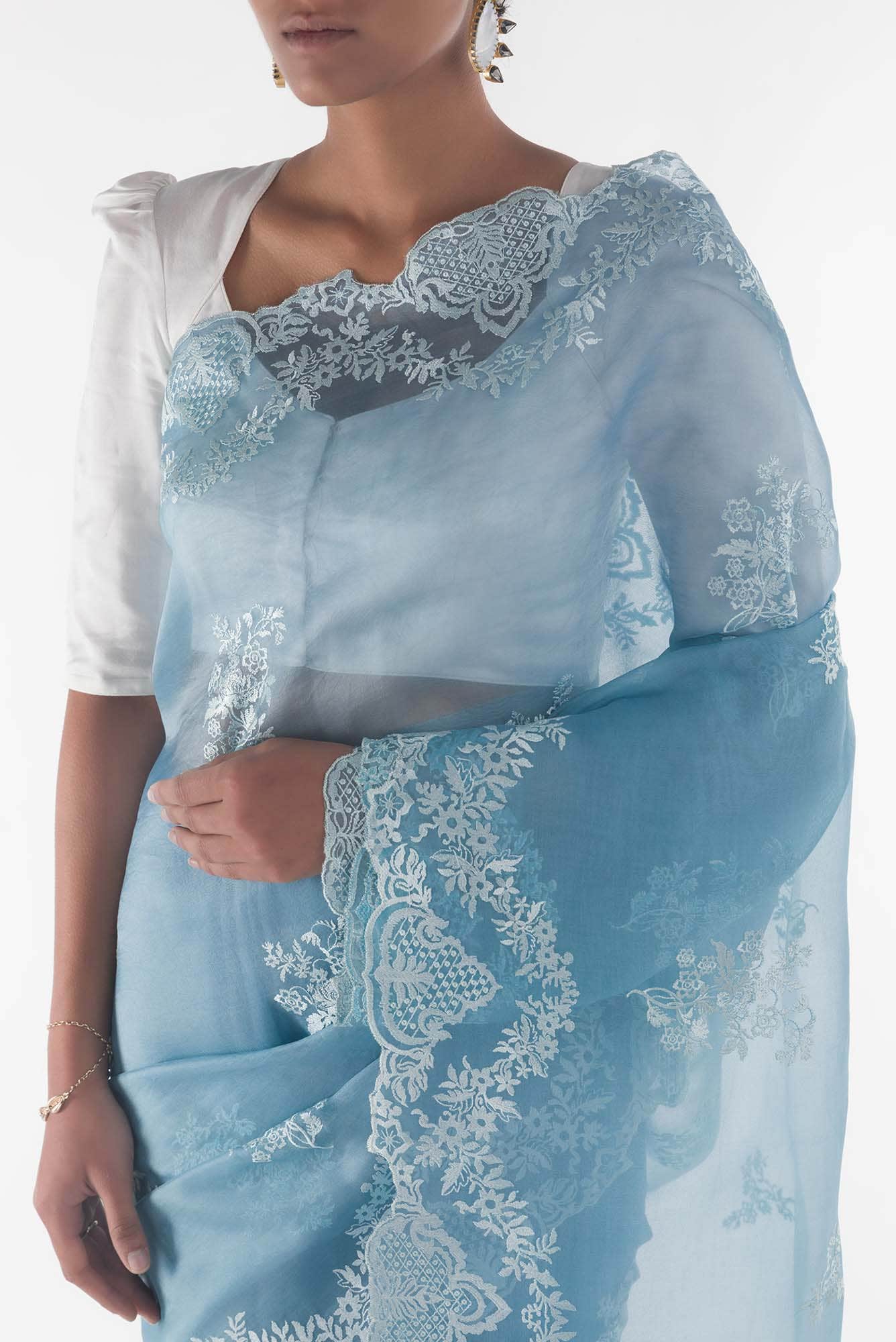 Peonia Blue floral design saree from Embroidered Romance Collection by Nalli - Image 2