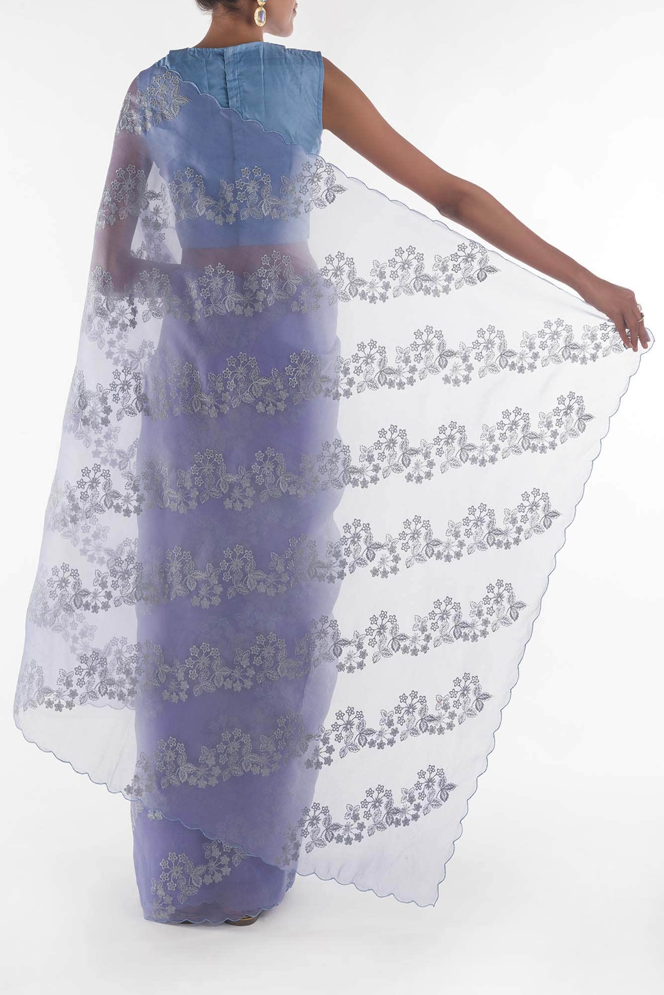 Bella Blue floral design saree from Embroidered Romance Collection by Nalli - Image 4