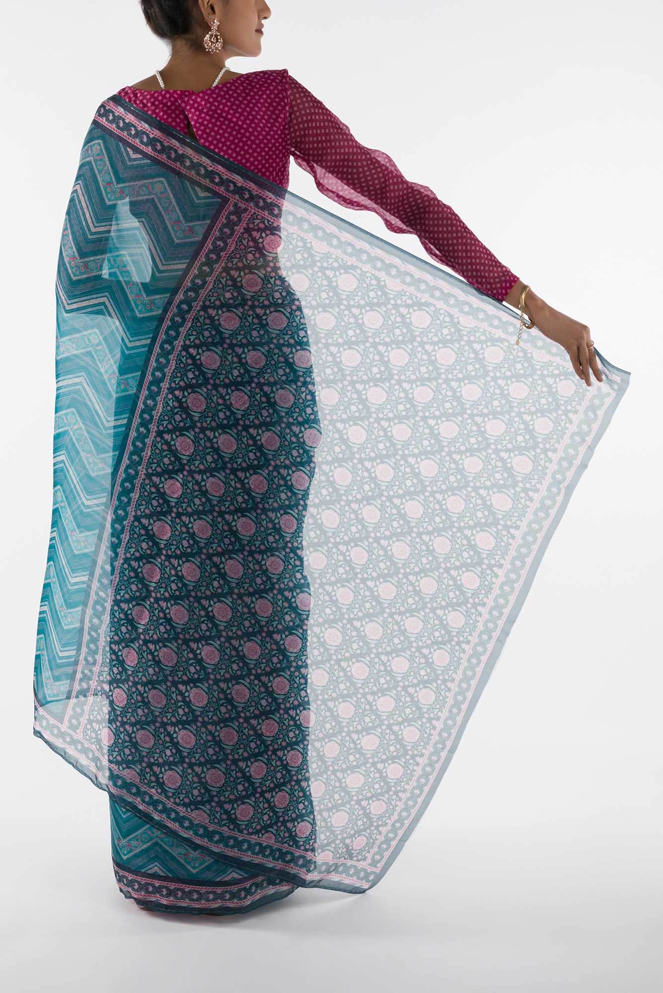 Leher - Blue Floral design saree from Chintz Collection, Designed by Nalli - Image 4