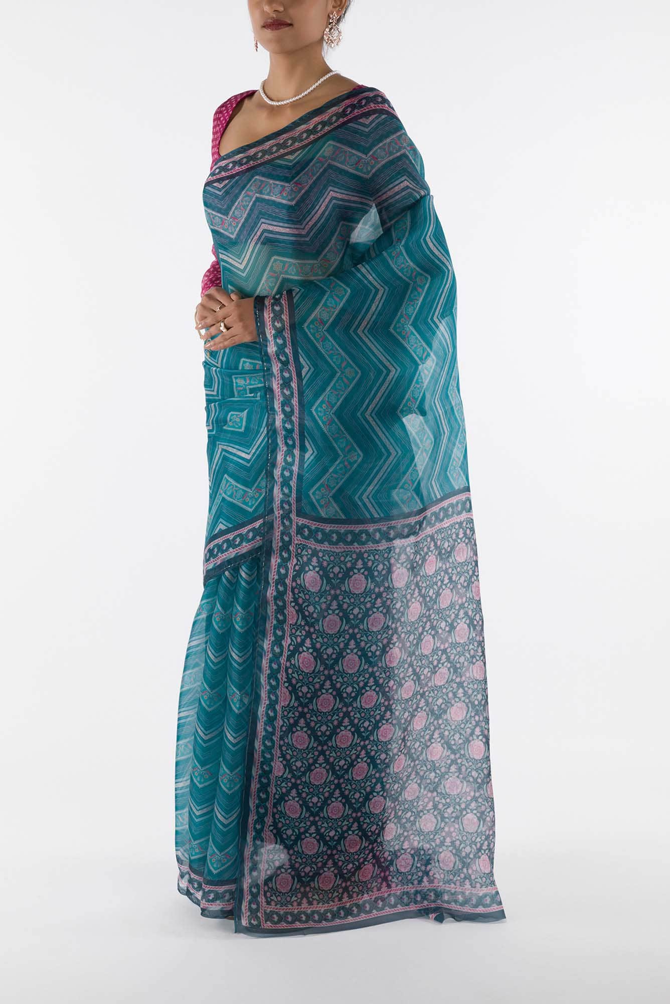 Leher - Blue Floral design saree from Chintz Collection, Designed by Nalli - Image 5