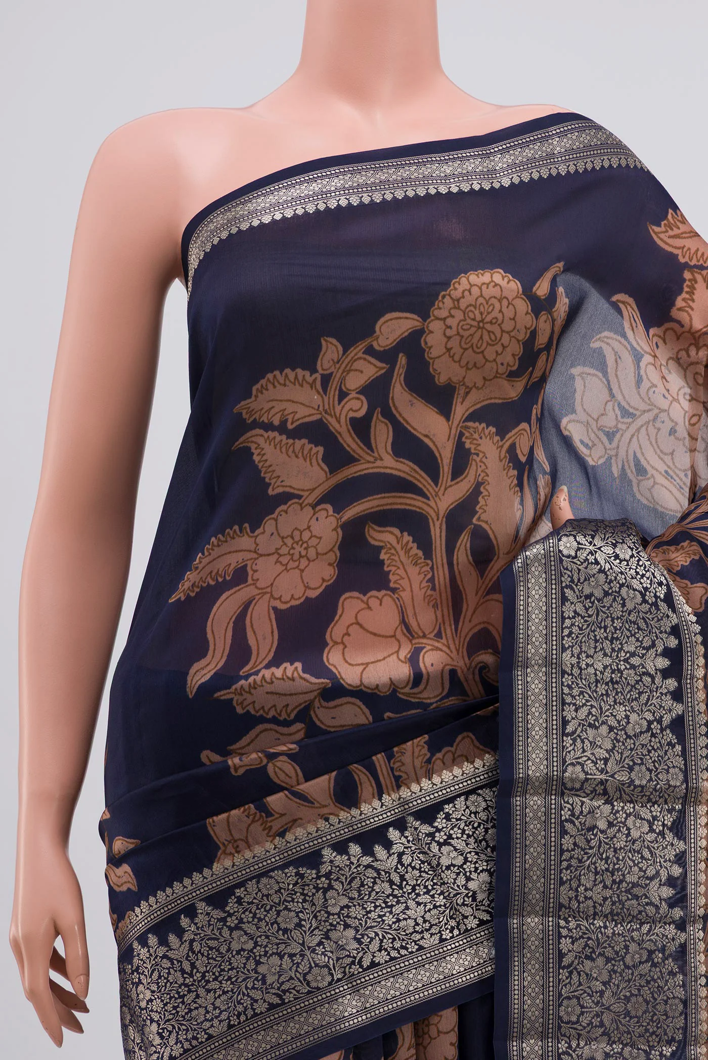 Navy Blue Banarasi Raw Silk Saree - Image 2