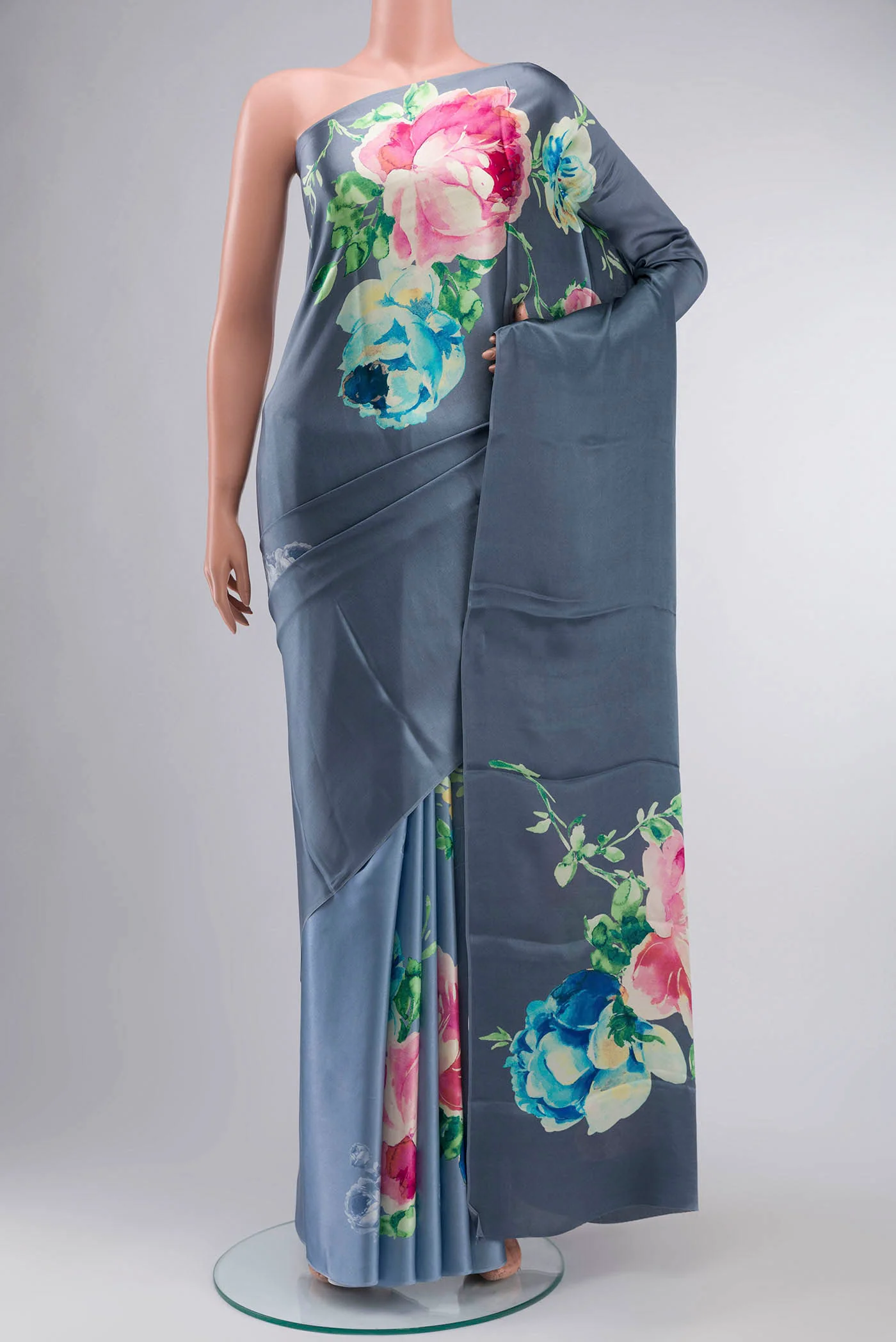 Blue Satin Crepe Saree