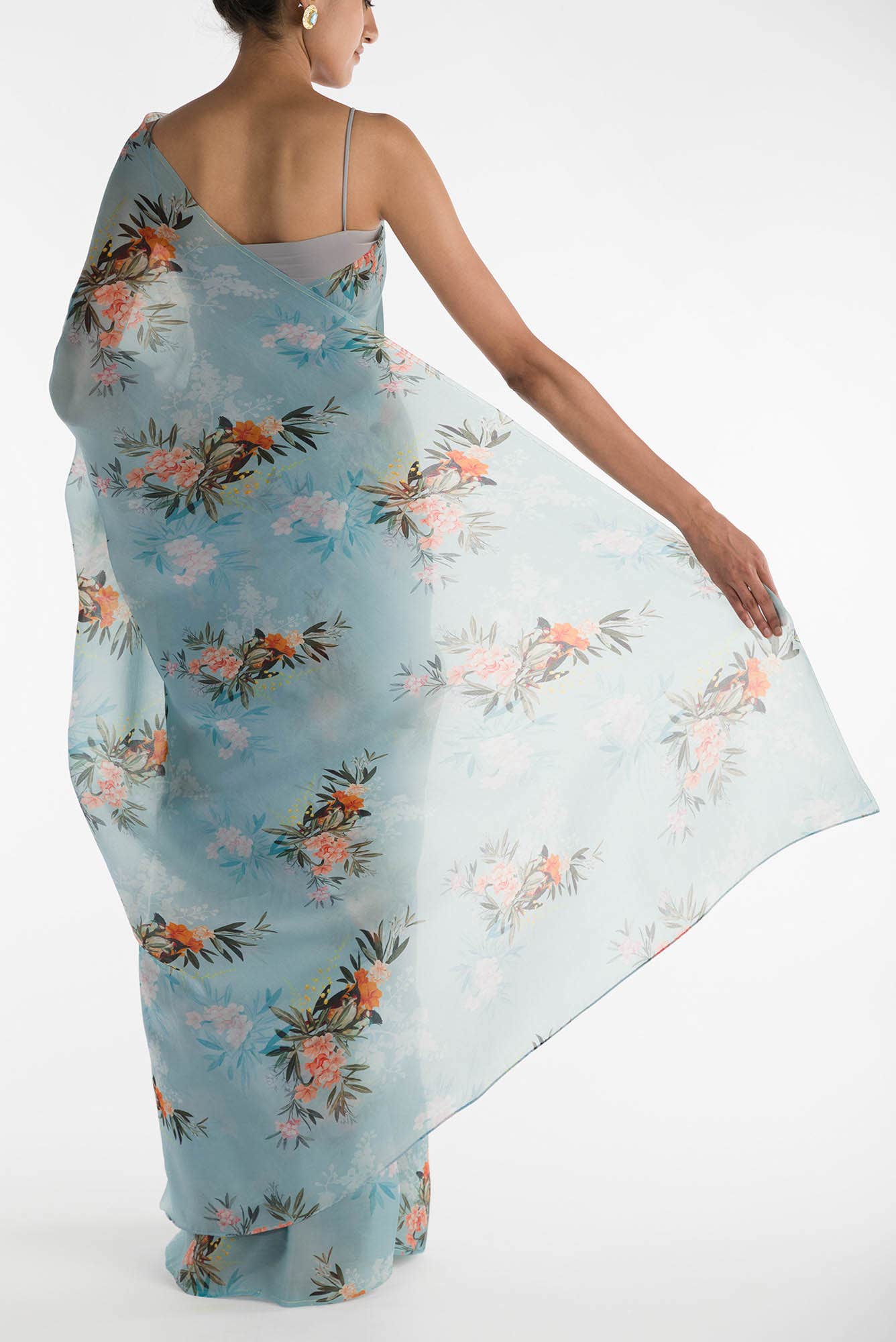 Enigmatic bulbuls Light Blue Satin Organza Saree - Image 3