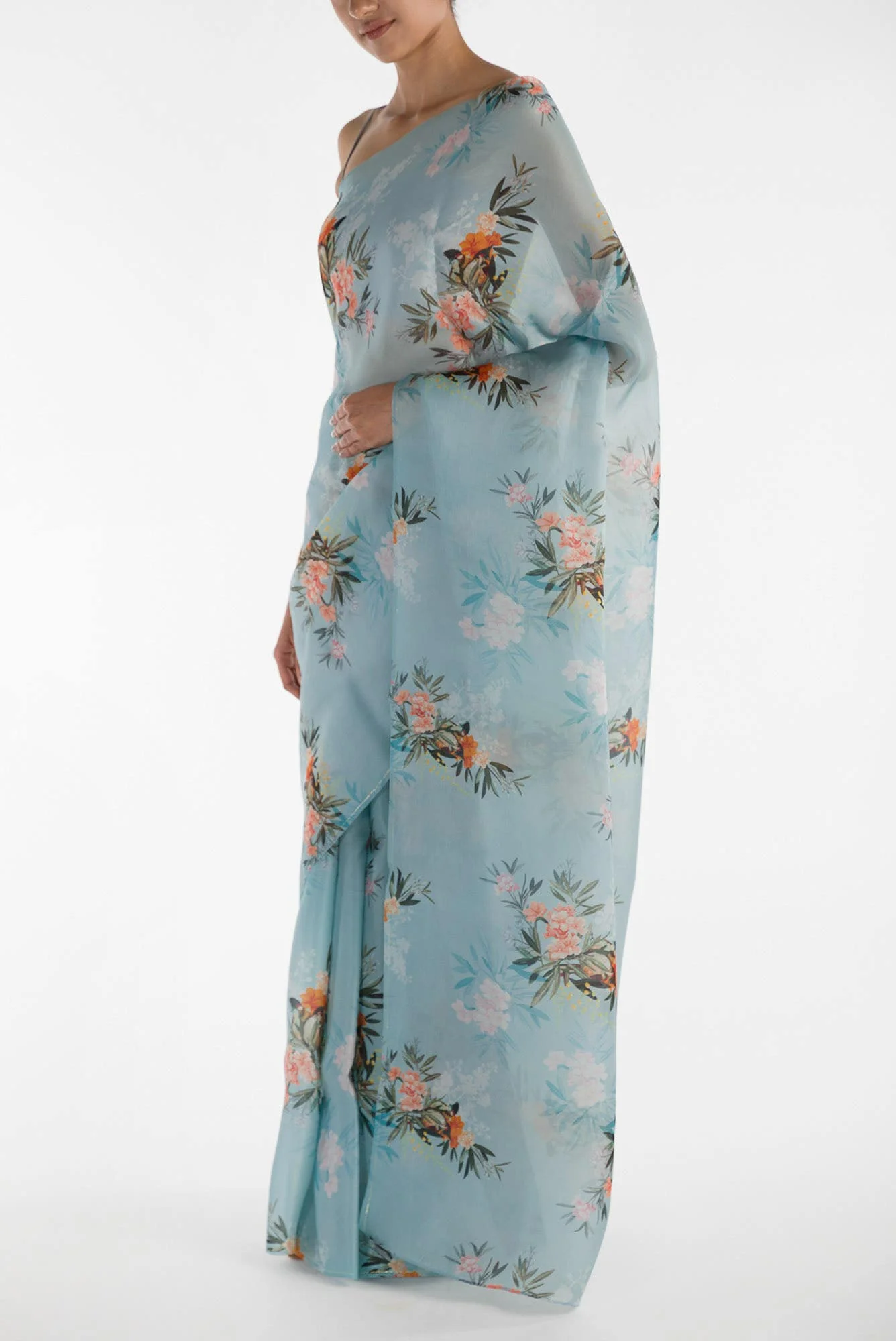 Enigmatic bulbuls Light Blue Satin Organza Saree - Image 4