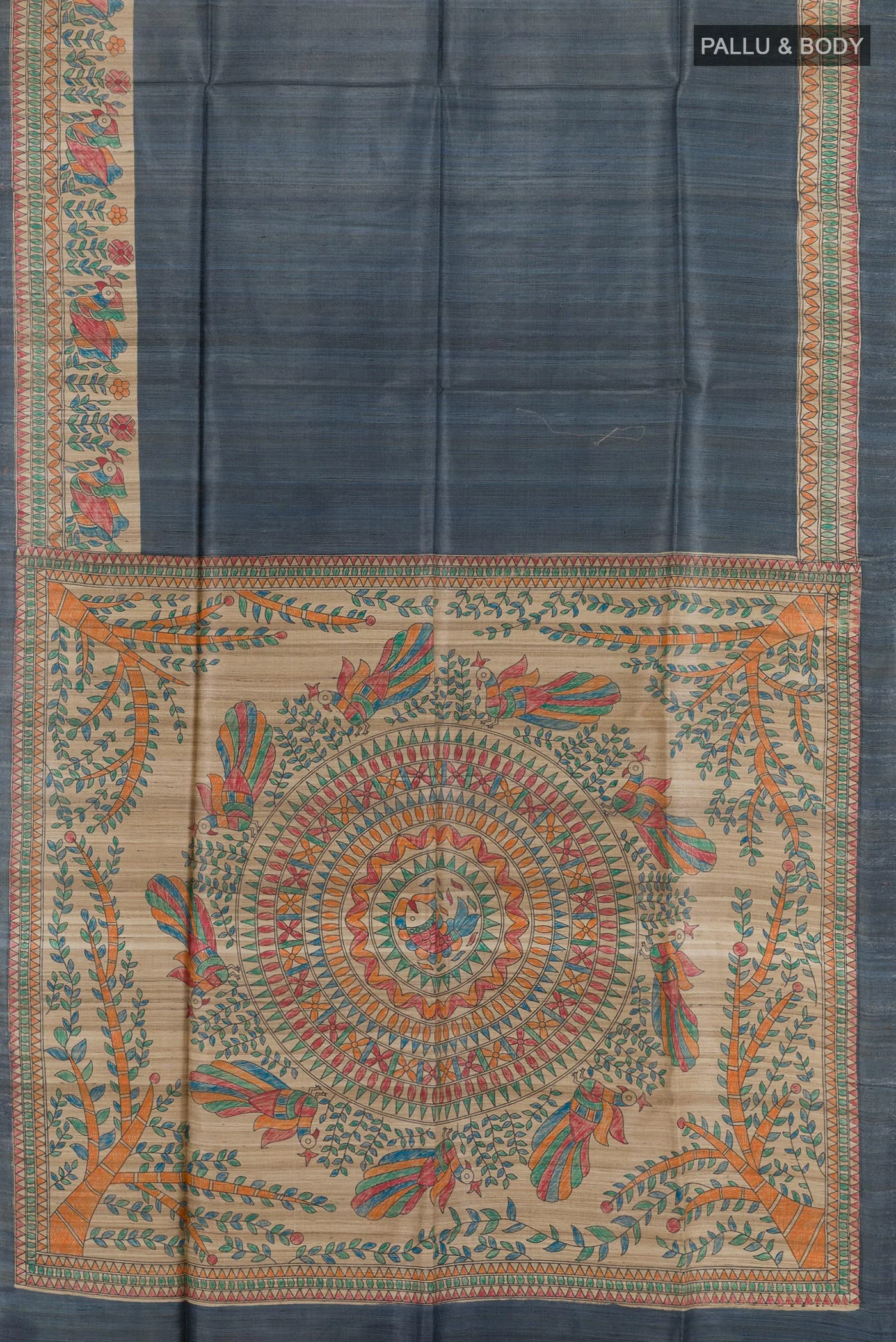 Navy Blue Tussar Silk Saree - Image 3