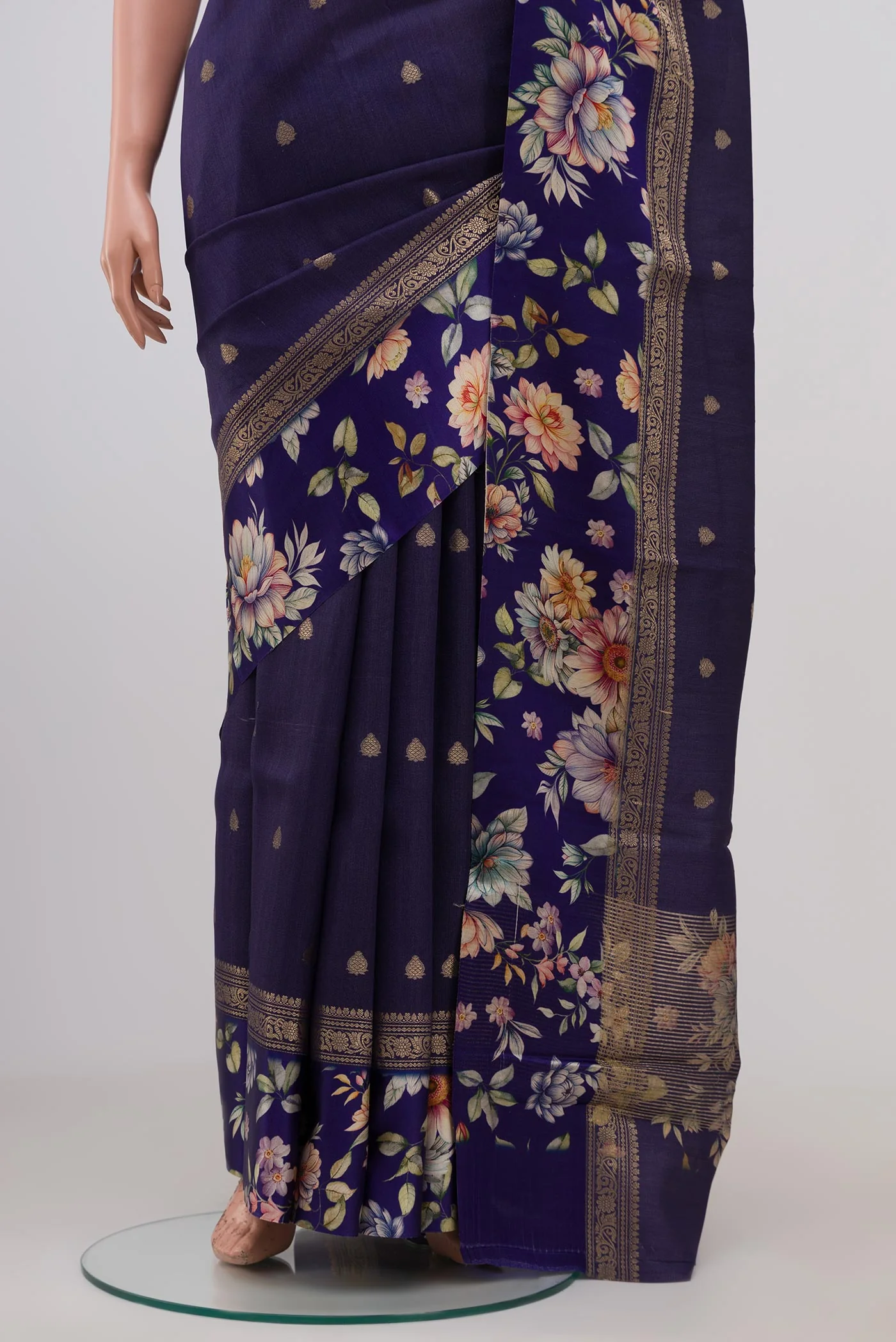 Navy Blue Tussar Silk Saree - Image 3