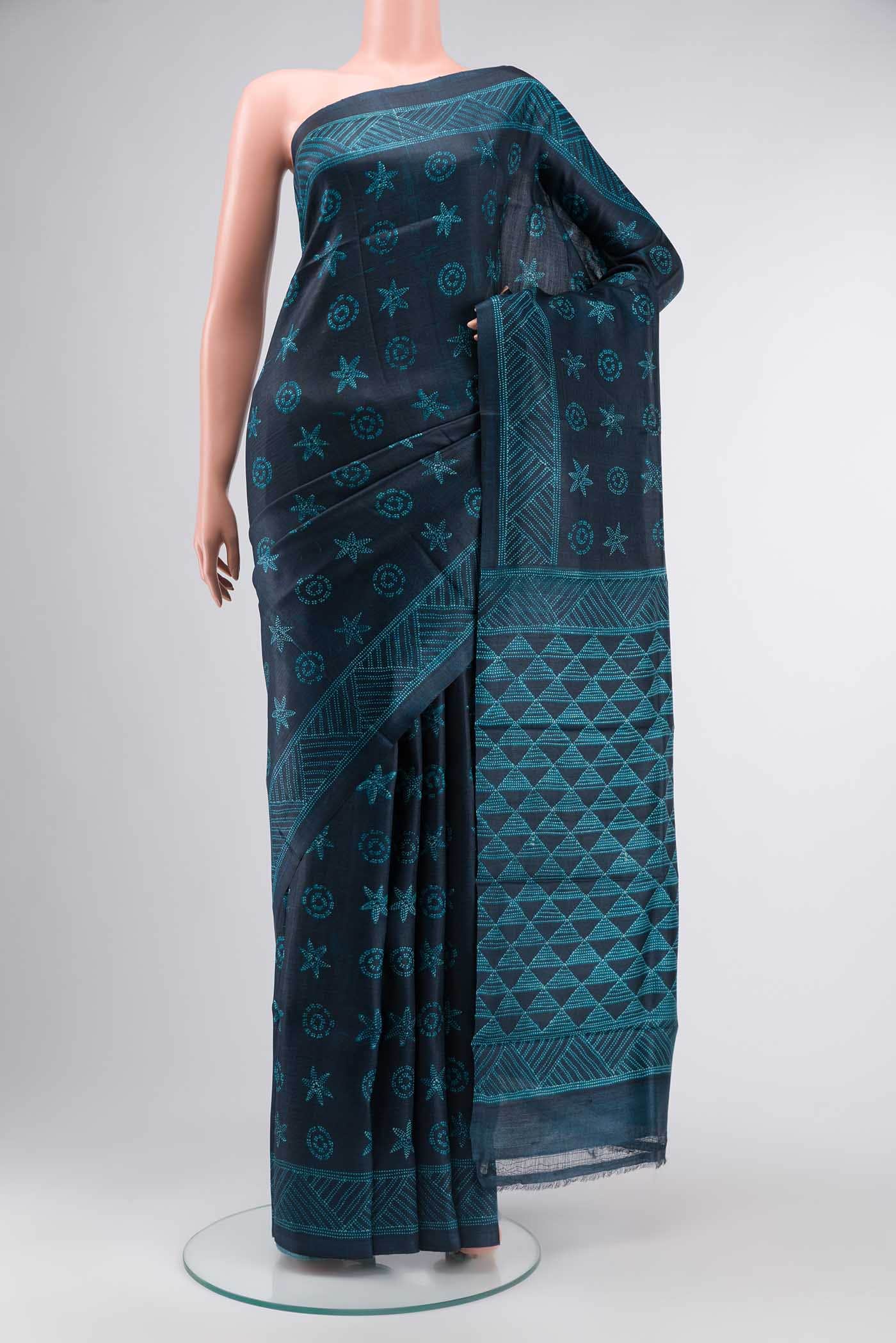 Navy Blue Tussar Silk Saree