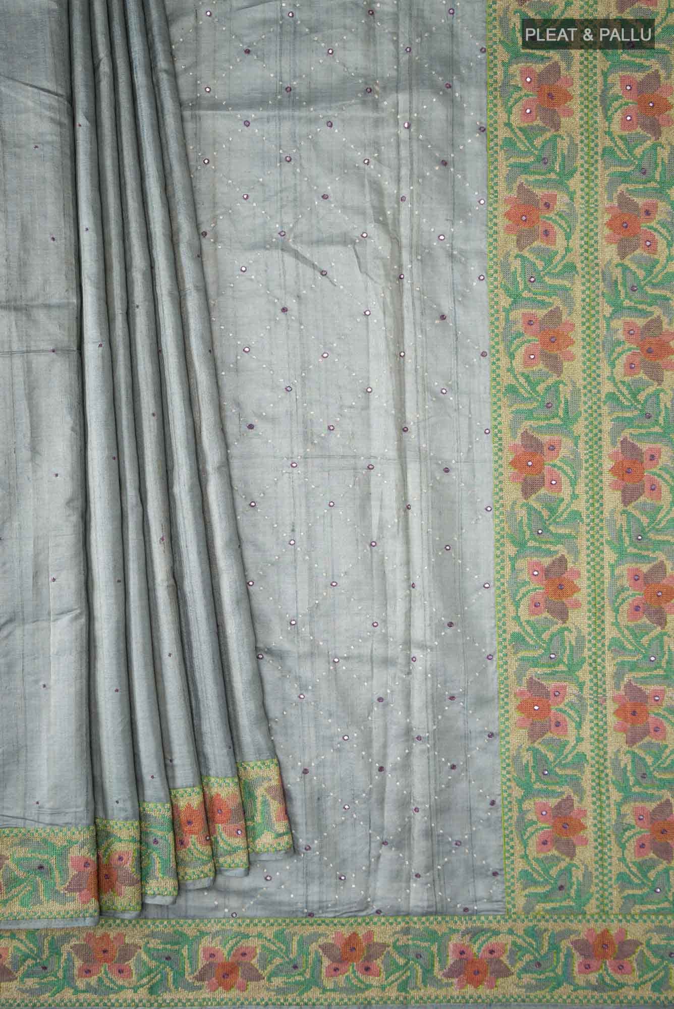 Grey Tussar Silk Saree - Image 2