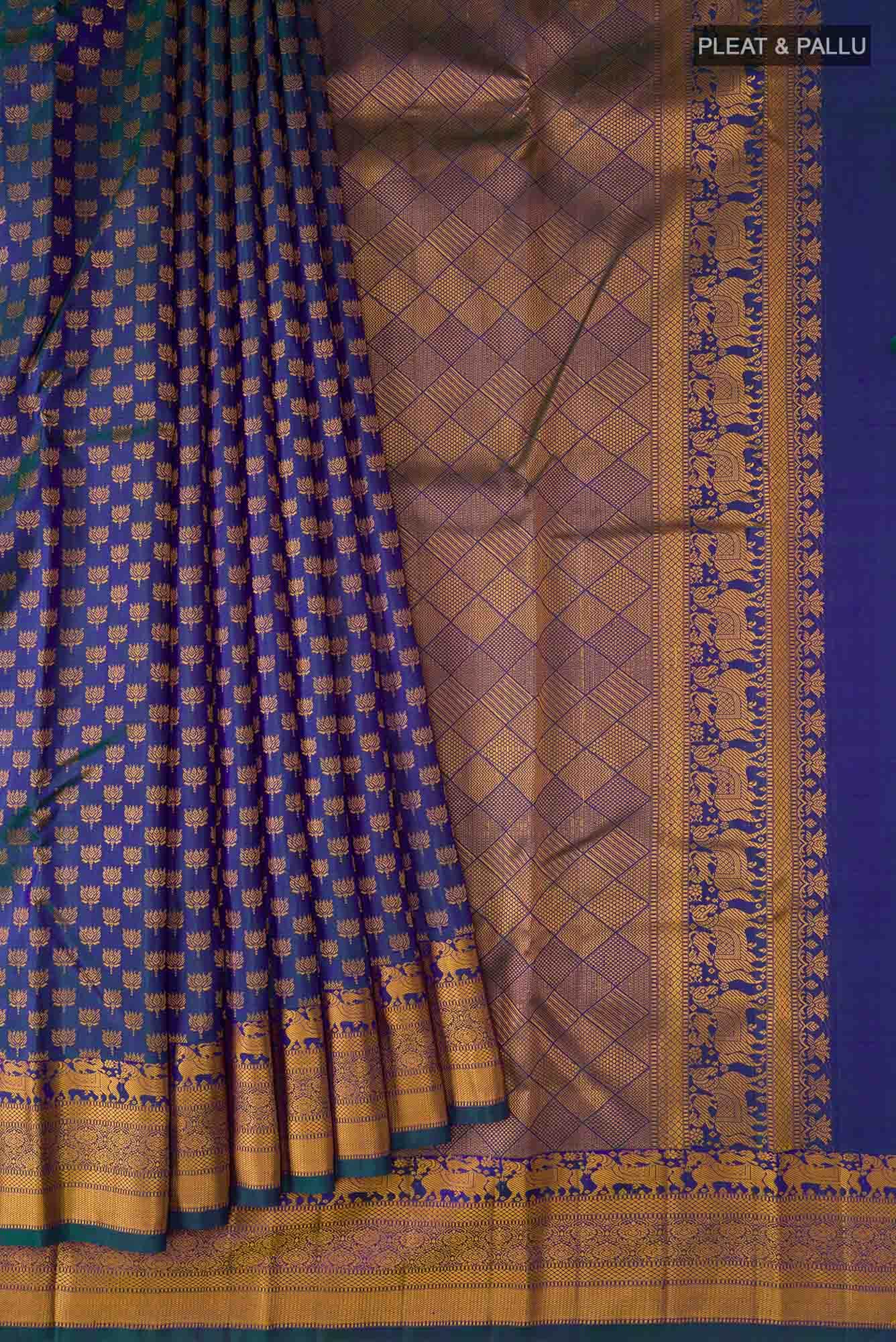 Blue with Green Dual Tone Kanjivaram Silk Saree - Image 2