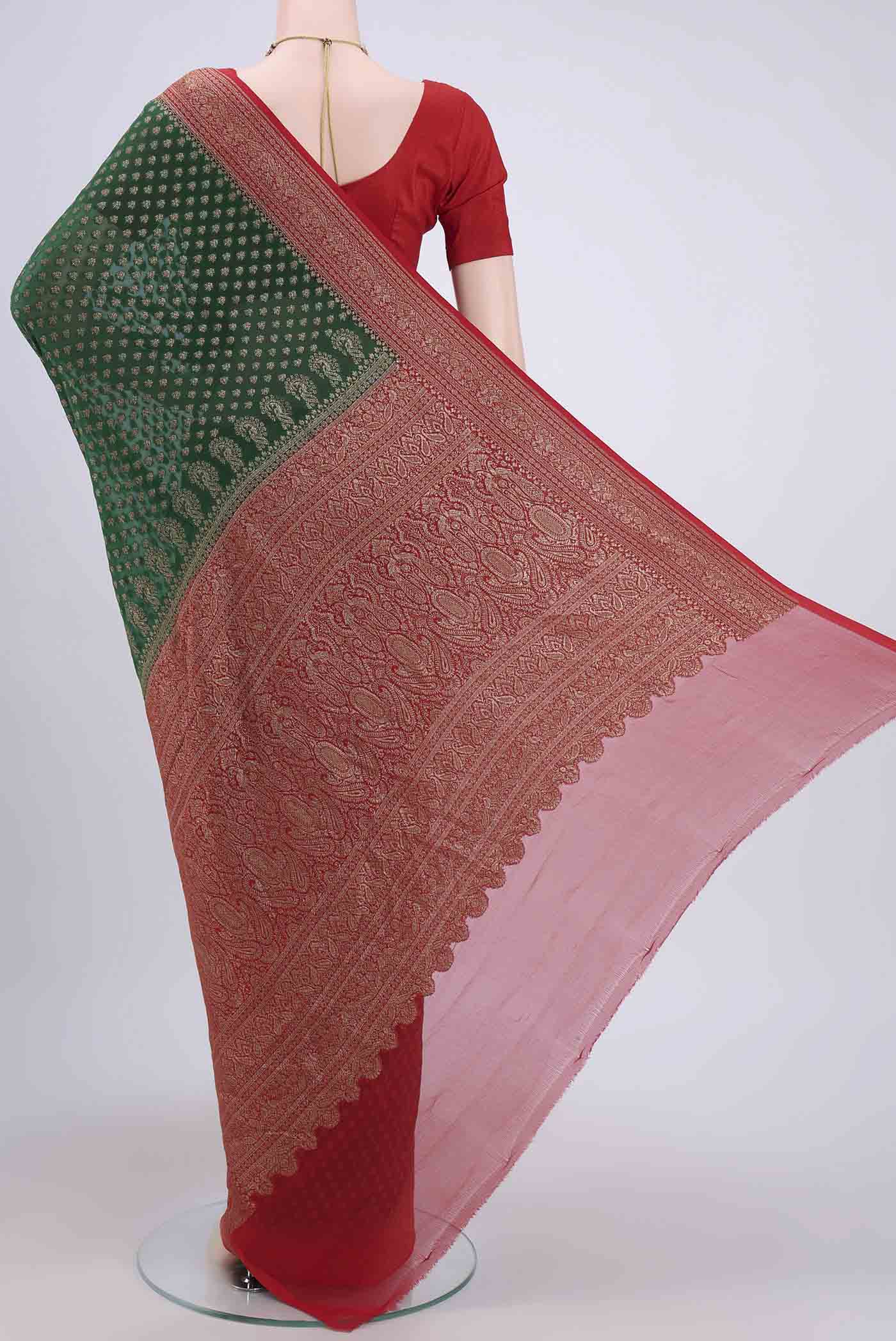 Bottle Green Banarasi Georgette Saree - Image 3