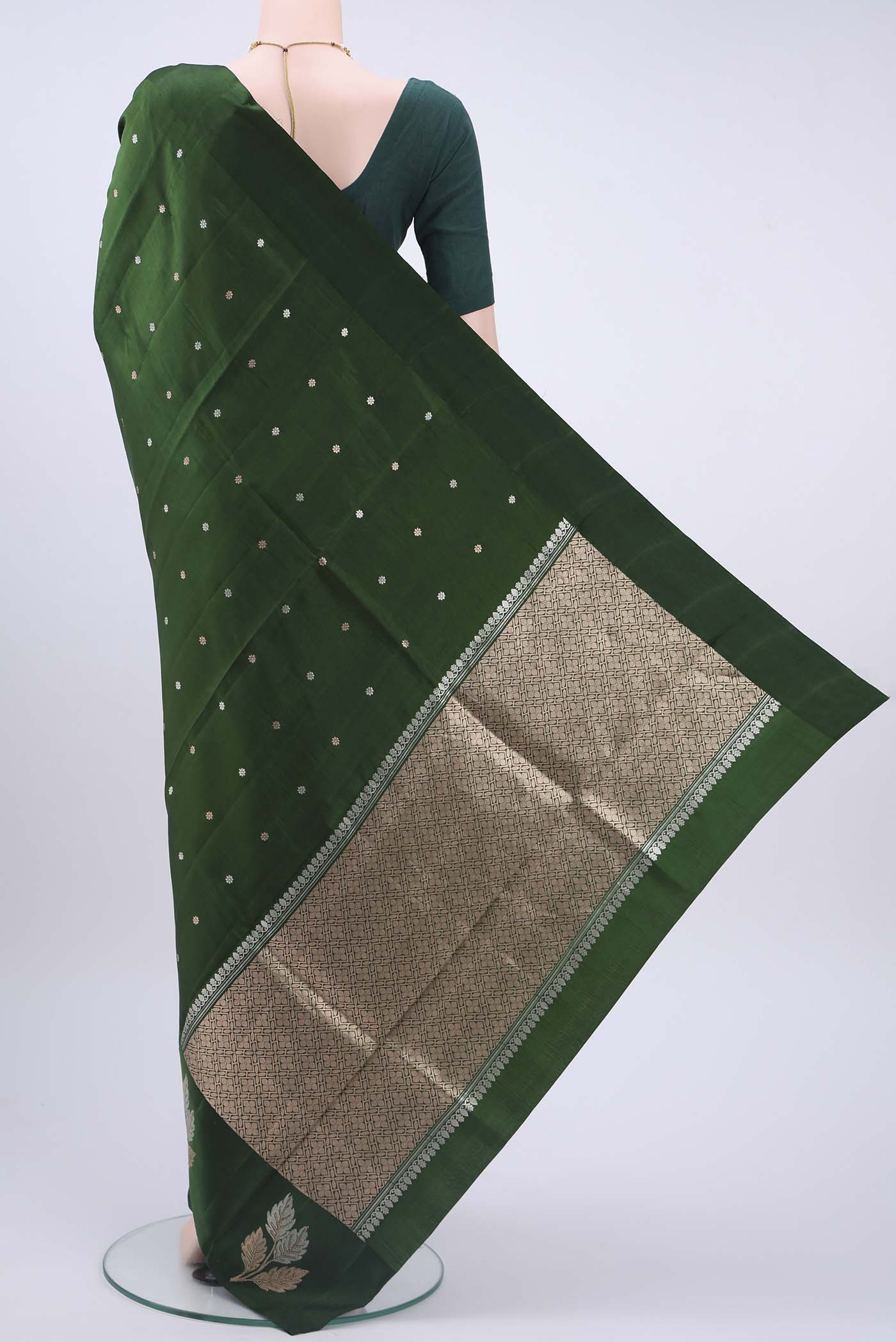Bottle Green Banarasi Katan Silk Saree - Image 3