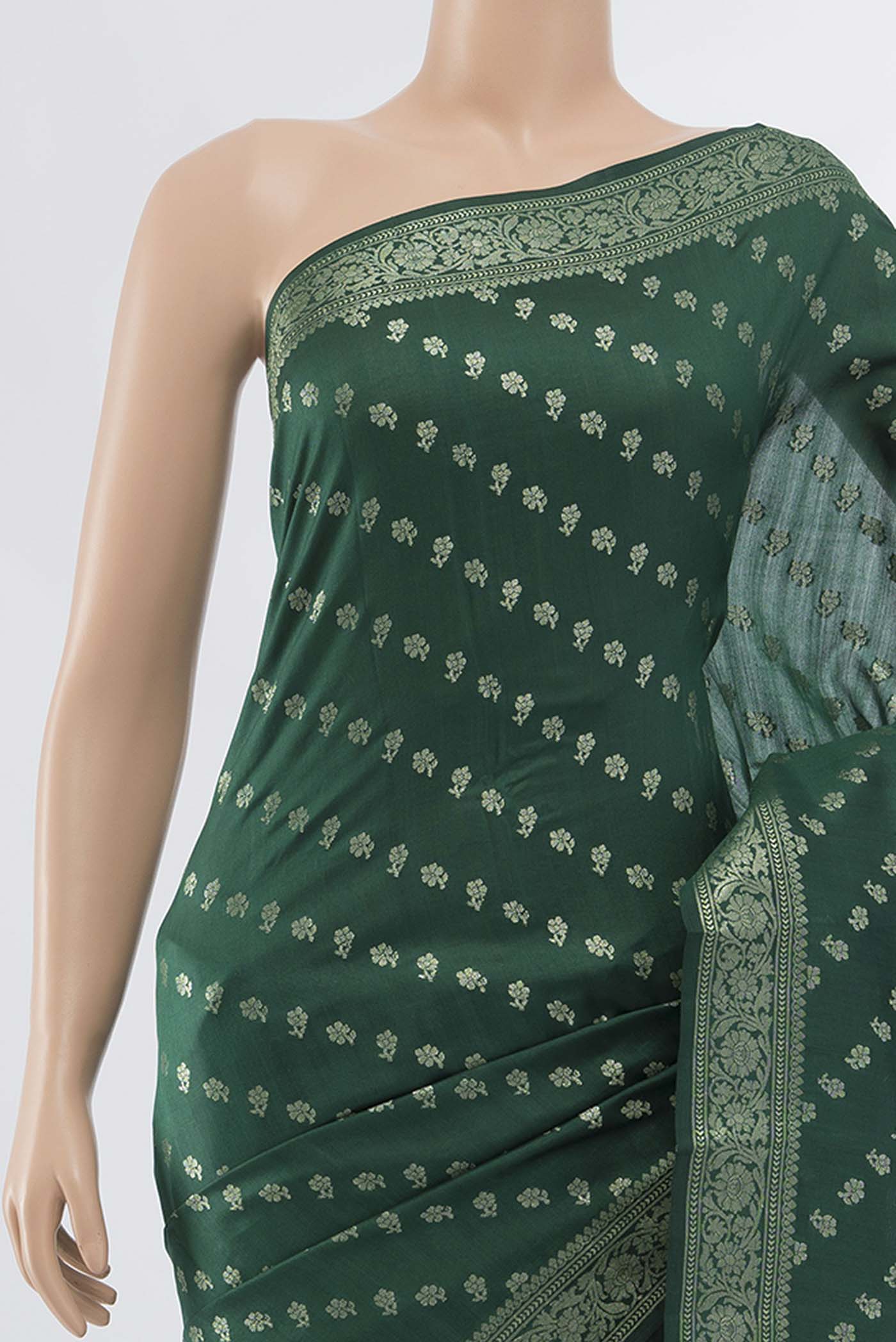 Bottle Green Banarasi Raw Silk Saree - Image 2