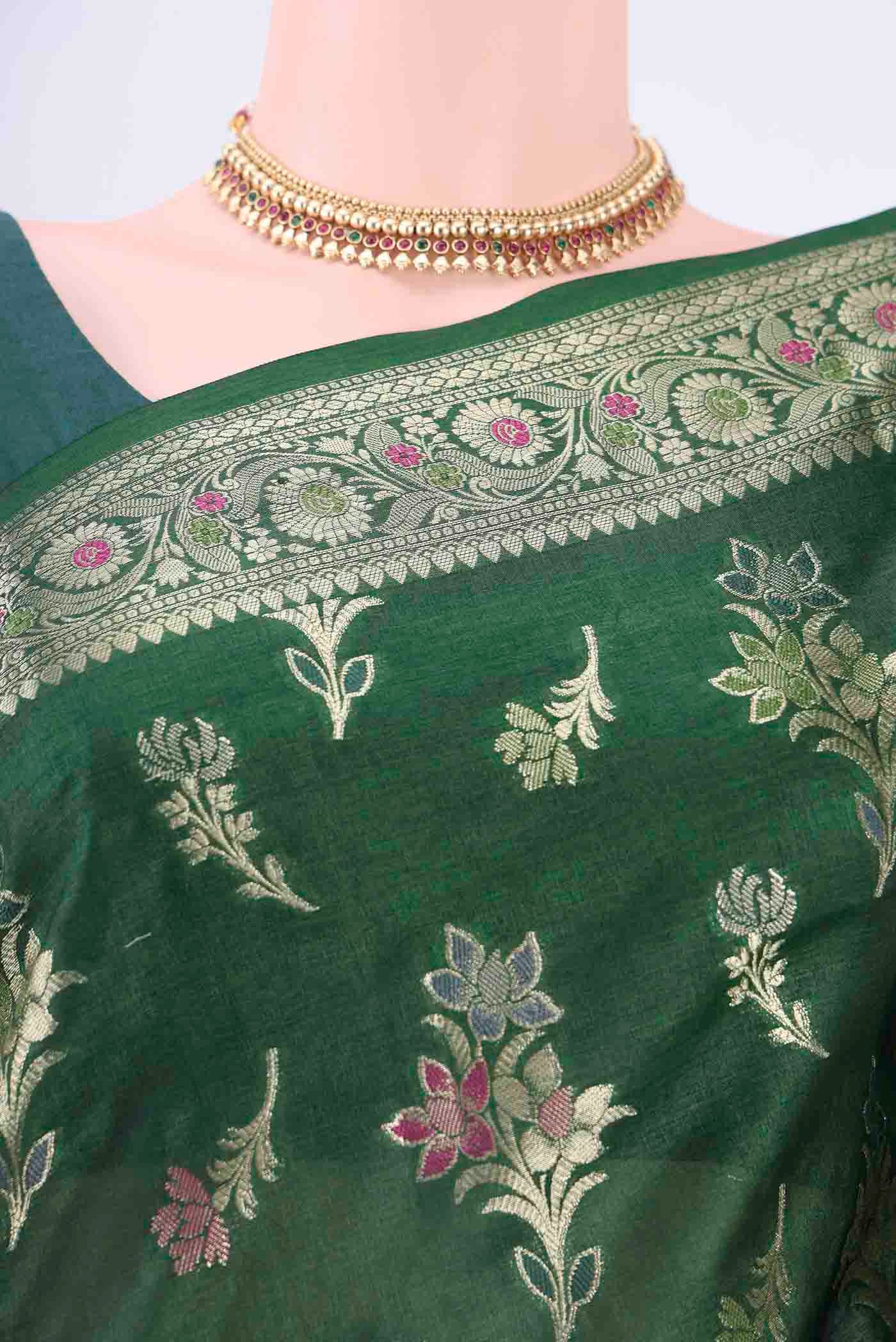 Bottle Green Banarasi Raw Silk Saree - Image 2