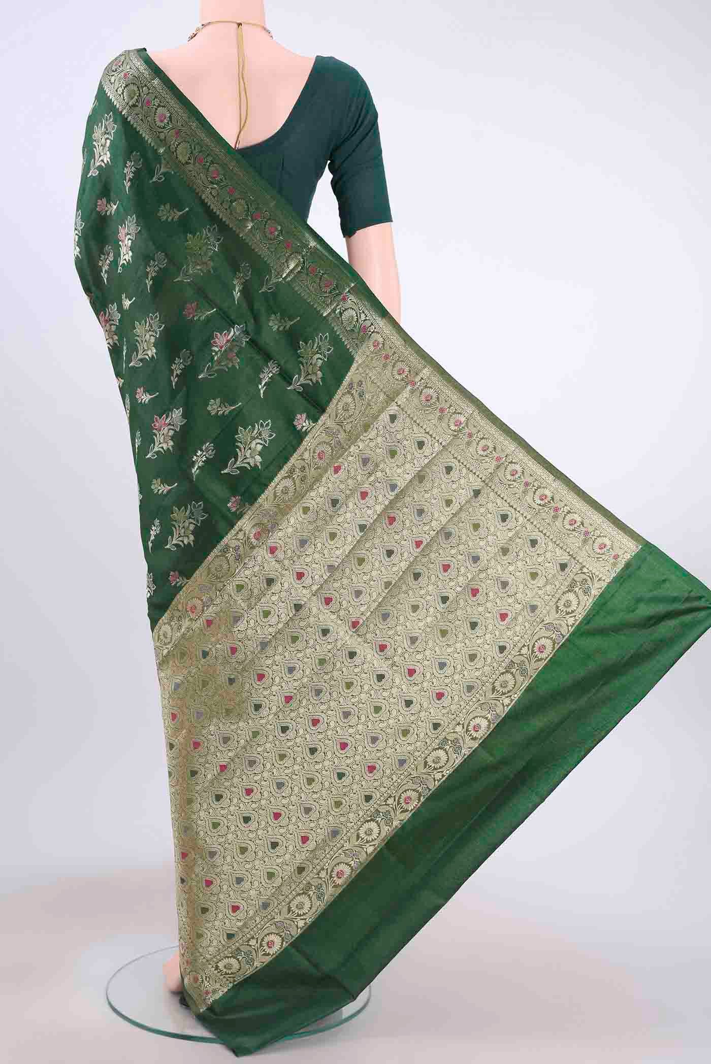 Bottle Green Banarasi Raw Silk Saree - Image 3