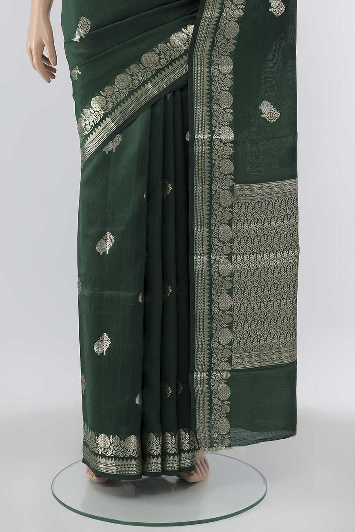 Bottle Green Banarasi Raw Silk Saree - Image 3