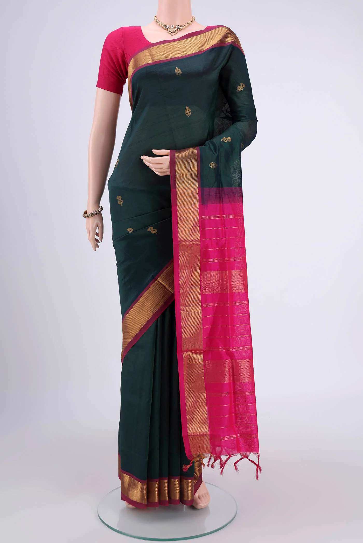 Bottle Green Blended Poly Cotton Saree