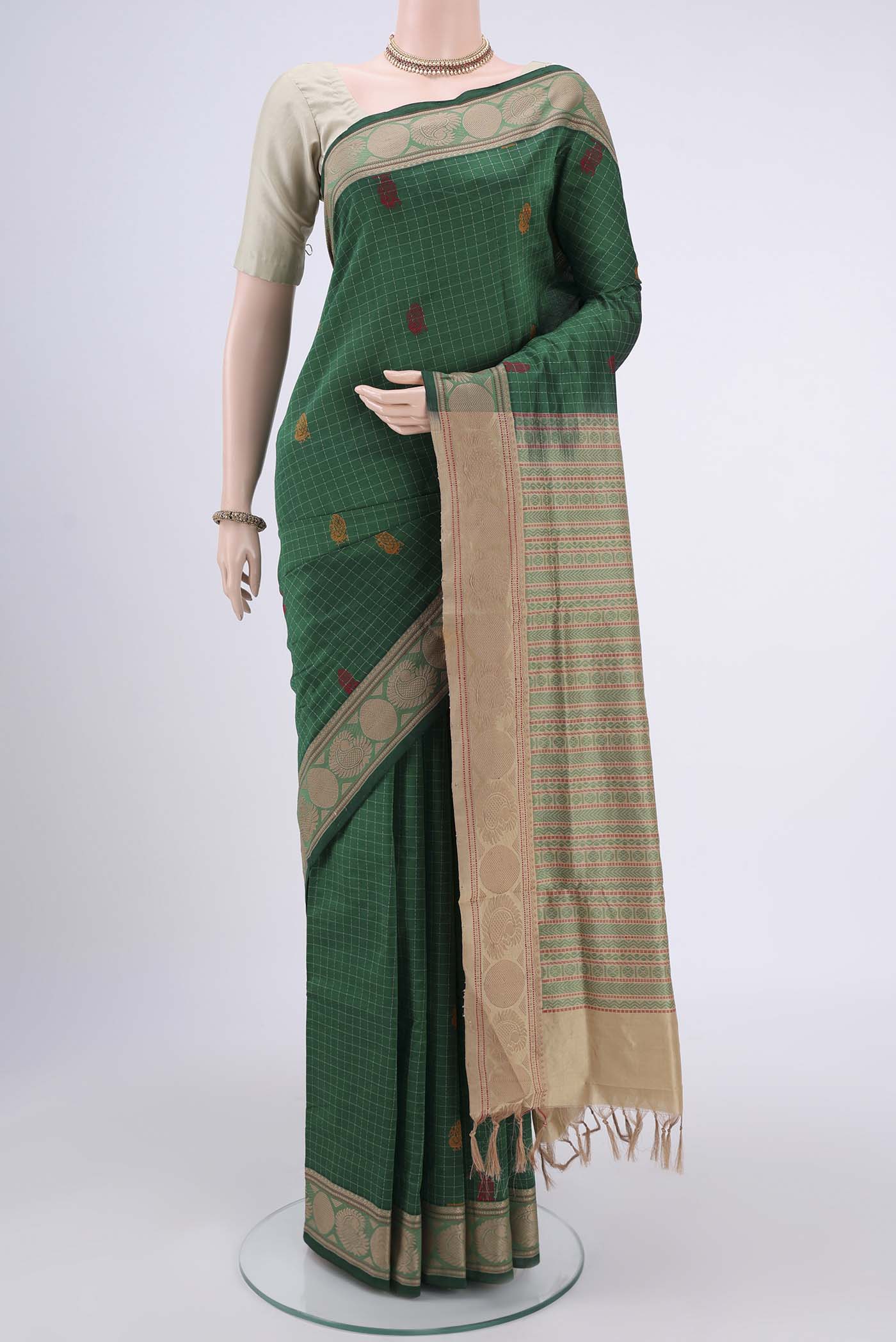 Green Blended Poly Cotton Saree