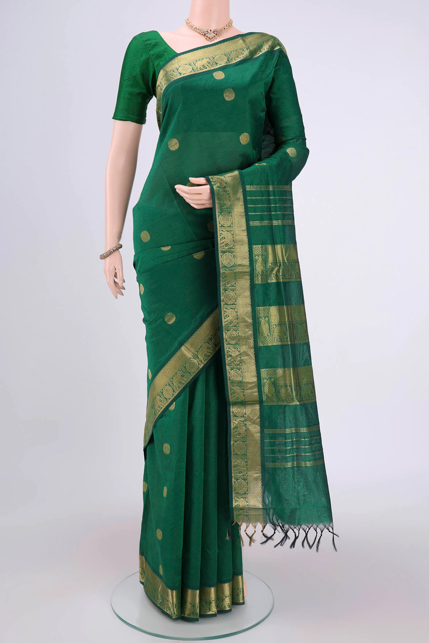 Green Blended Poly Cotton Saree