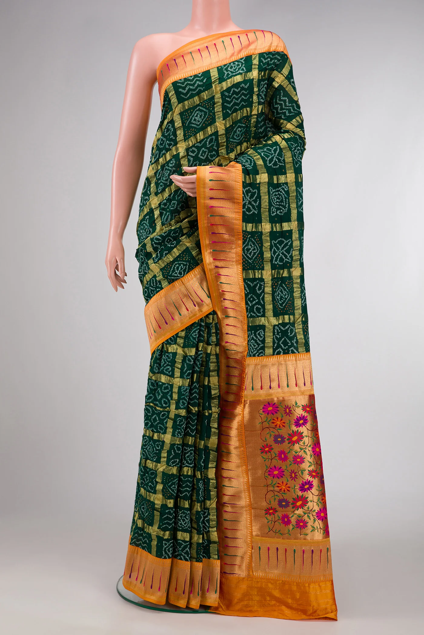 Bottle Green Bandhani Silk Saree
