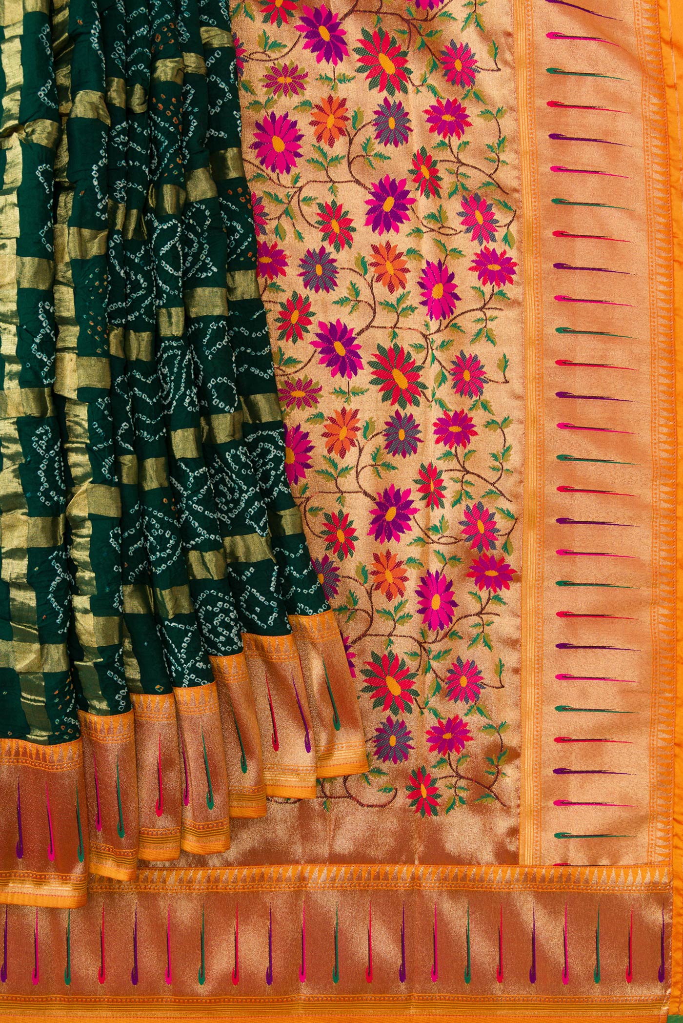 Bottle Green Bandhani Silk Saree - Image 4