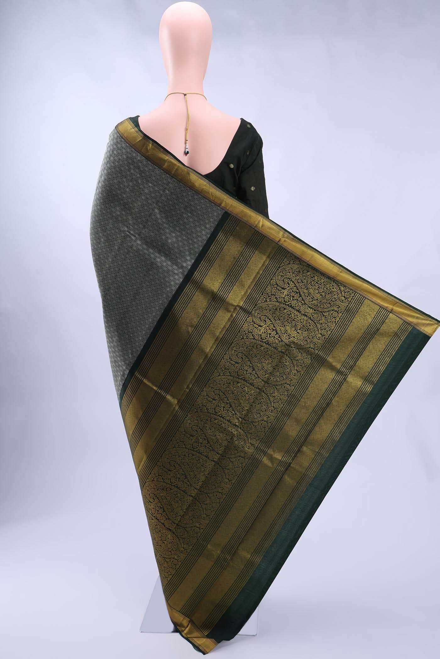 Pure Silk Pure Zari Bottle Green Dual Tone Kanjivaram Saree - Image 2