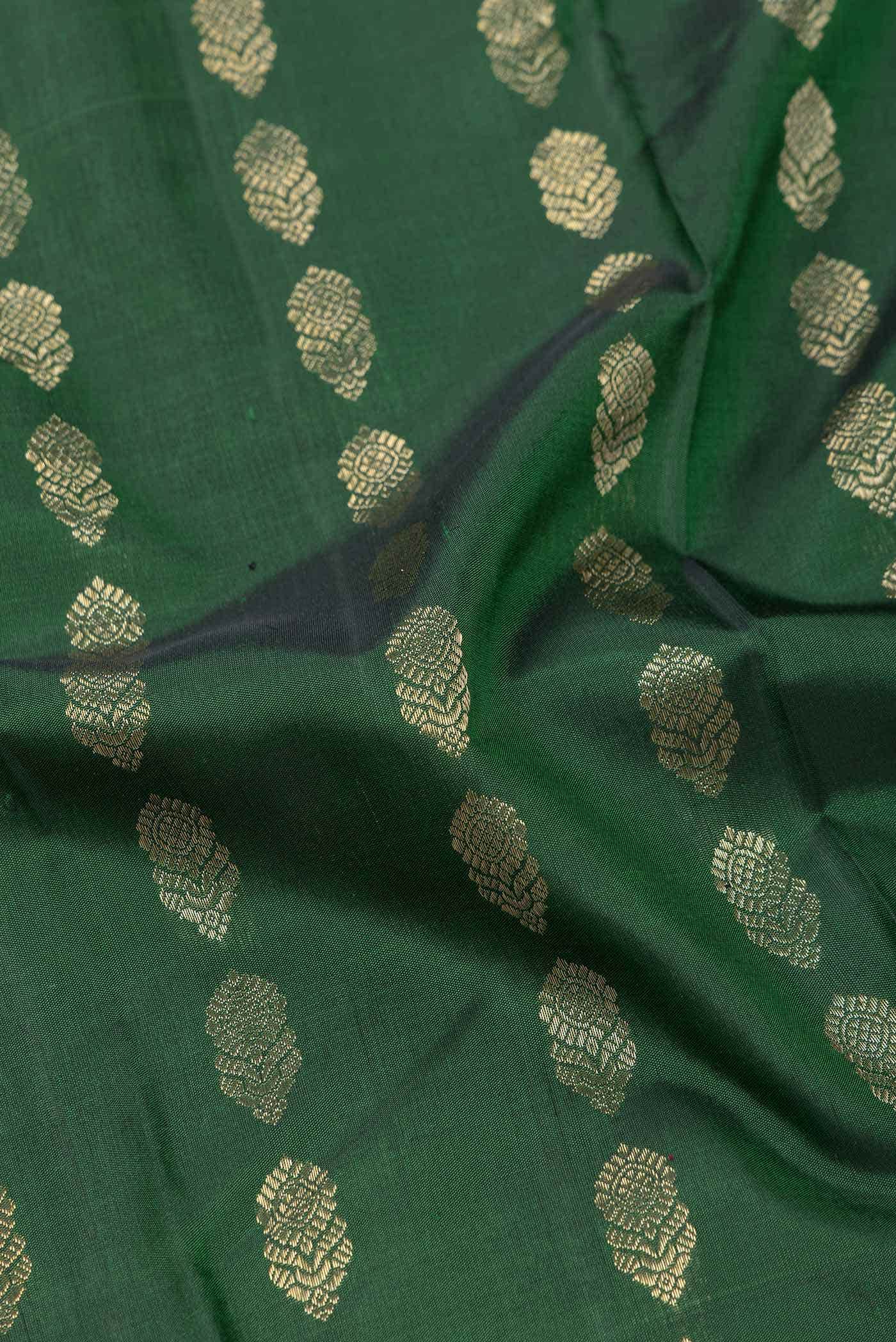 Pure Silk Pure Zari Bottle Green Dual Tone Kanjivaram Saree - Image 3