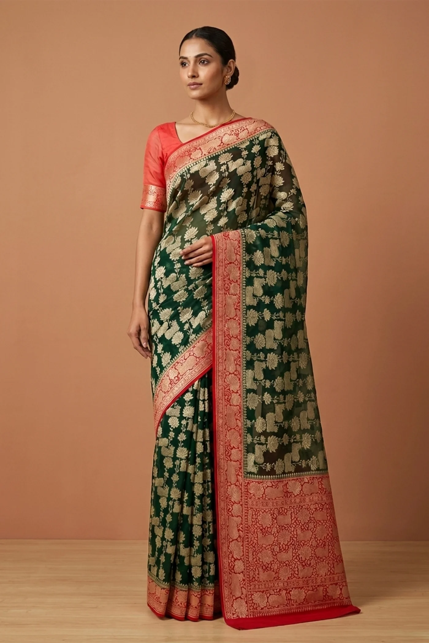 Bottle Green Banarasi Georgette Saree