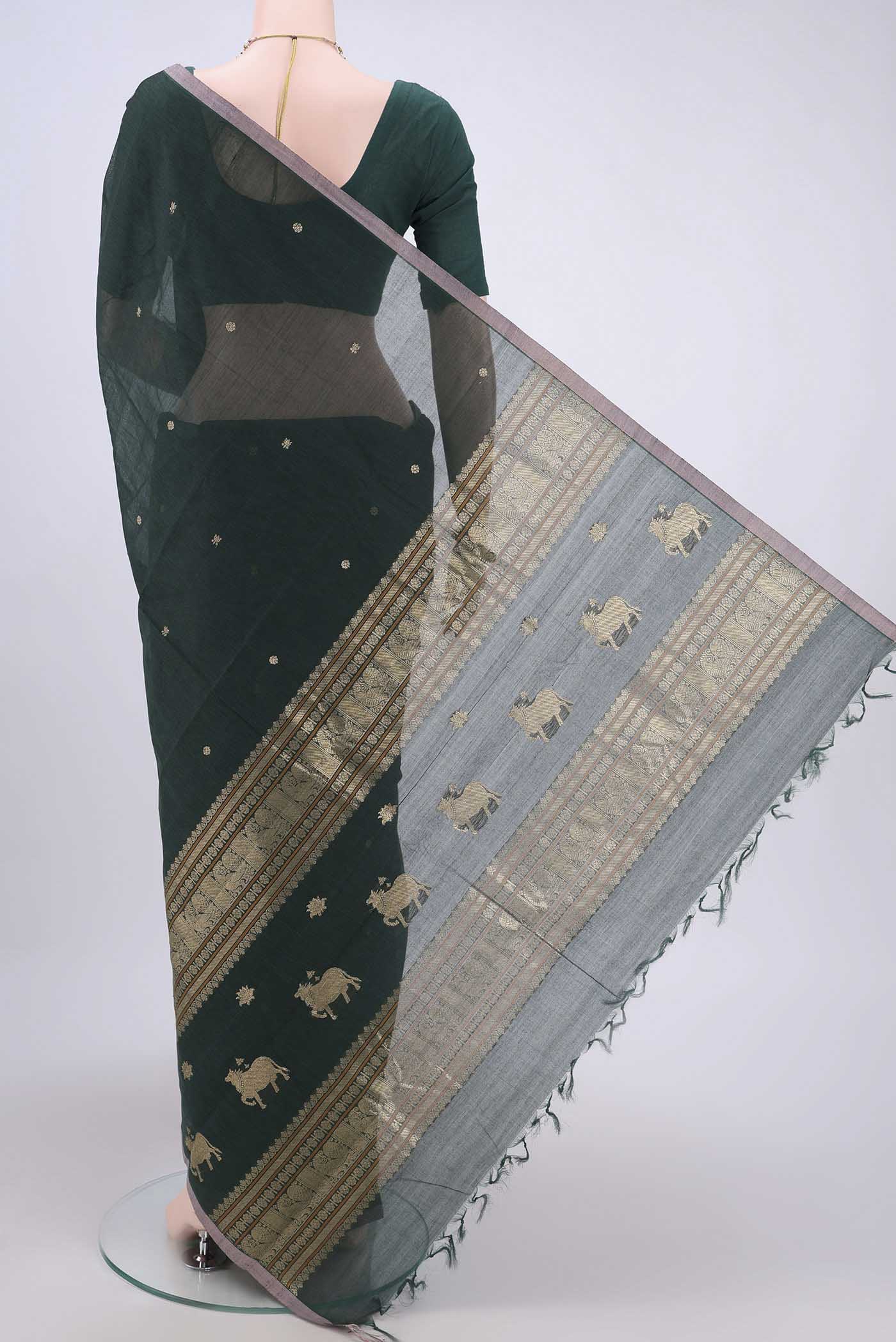 Bottle Green Kanchi Cotton Saree - Image 3