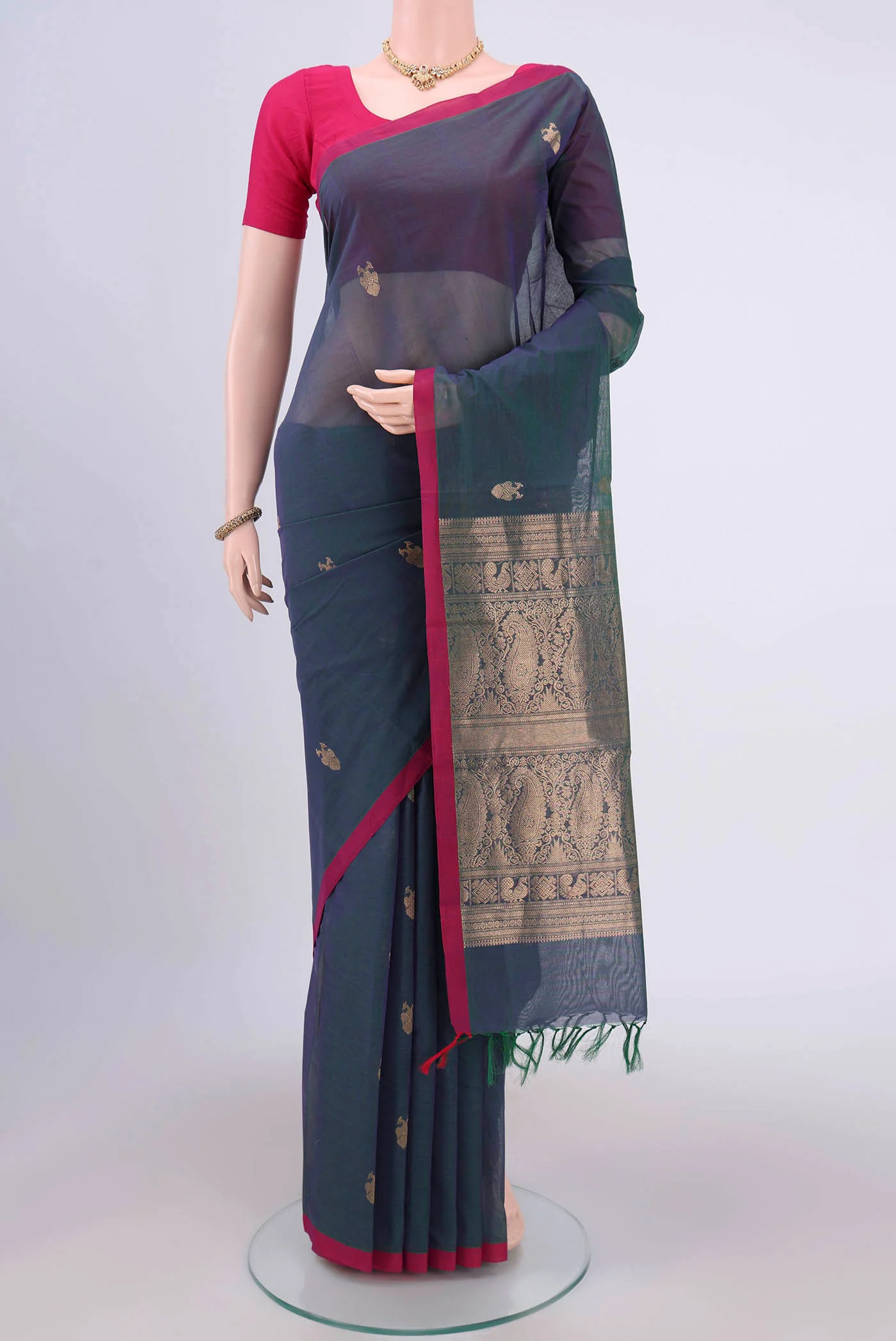 Blue with Green Color Kanchi Cotton Saree