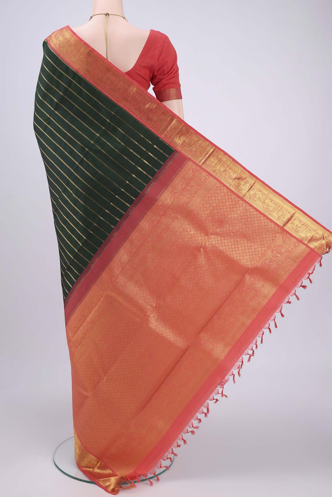 Pure Silk Pure Zari Bottle Green Kanchipuram Saree - Image 3
