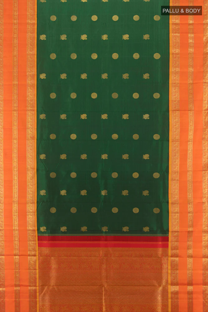 Pure Silk Pure Zari Bottle Green Kanjivaram Saree - Image 5