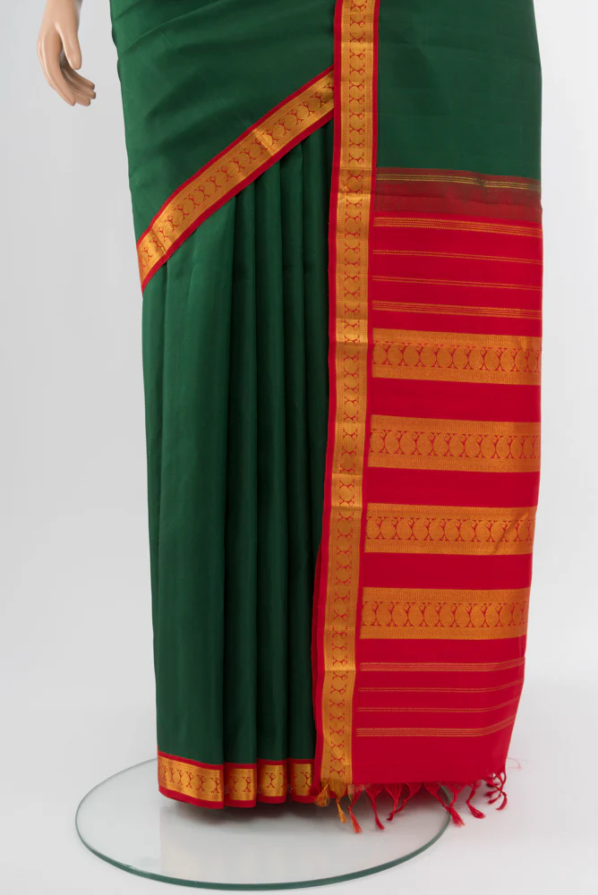 Pure Silk Pure Zari Bottle Green Kanjivaram Saree - Image 3