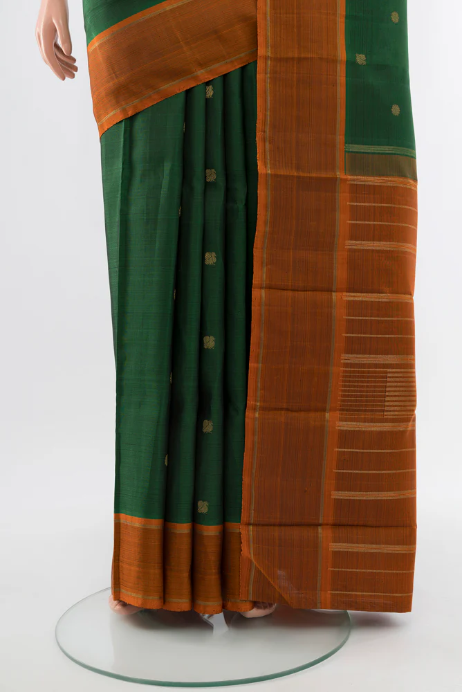 Pure Silk Pure Zari Bottle Green Kanjivaram Saree - Image 3
