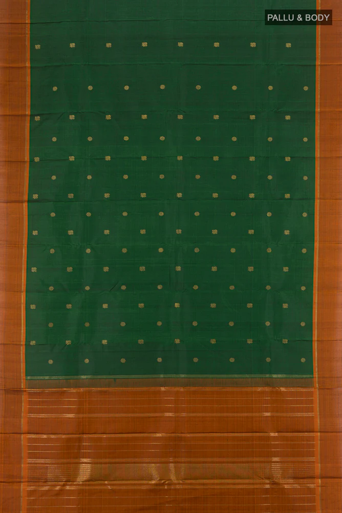 Pure Silk Pure Zari Bottle Green Kanjivaram Saree - Image 5