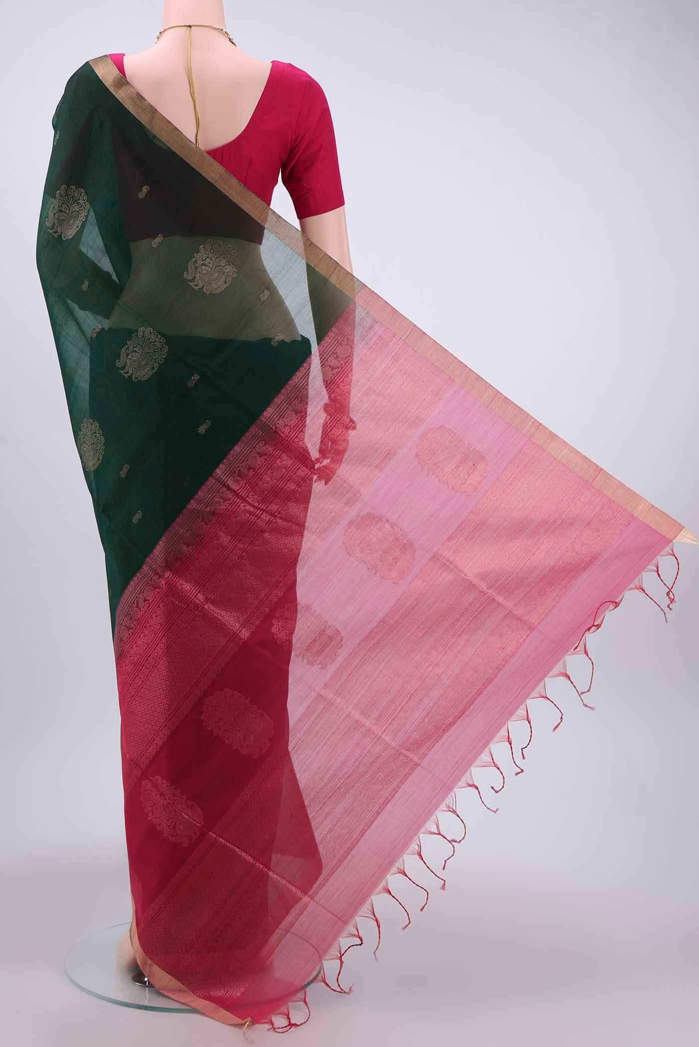 Bottle Green Kora Cotton Saree - Image 3